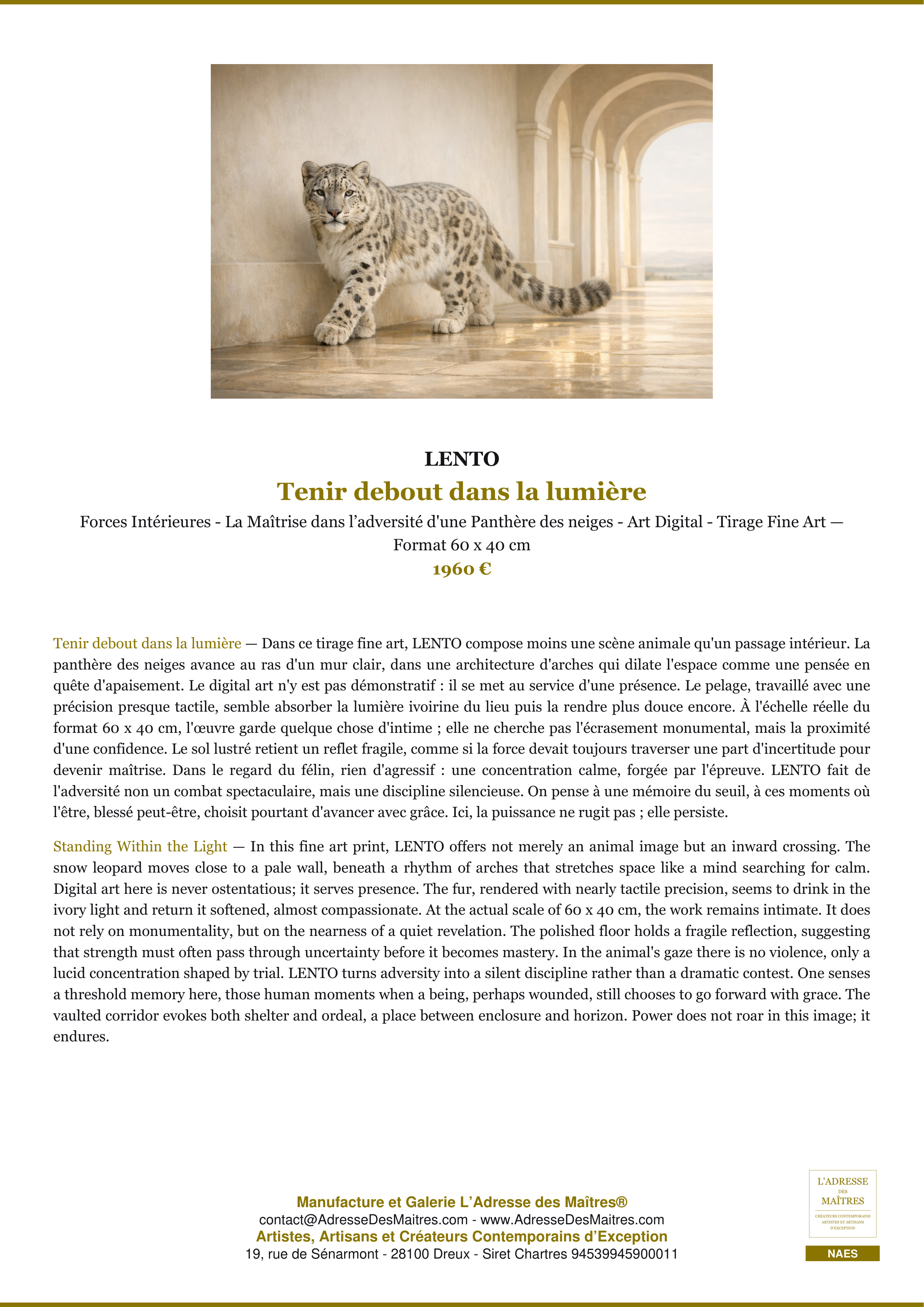 Fiche Premium — Tenir debout dans la lumière — LENTO — L'Adresse des Maîtres®
