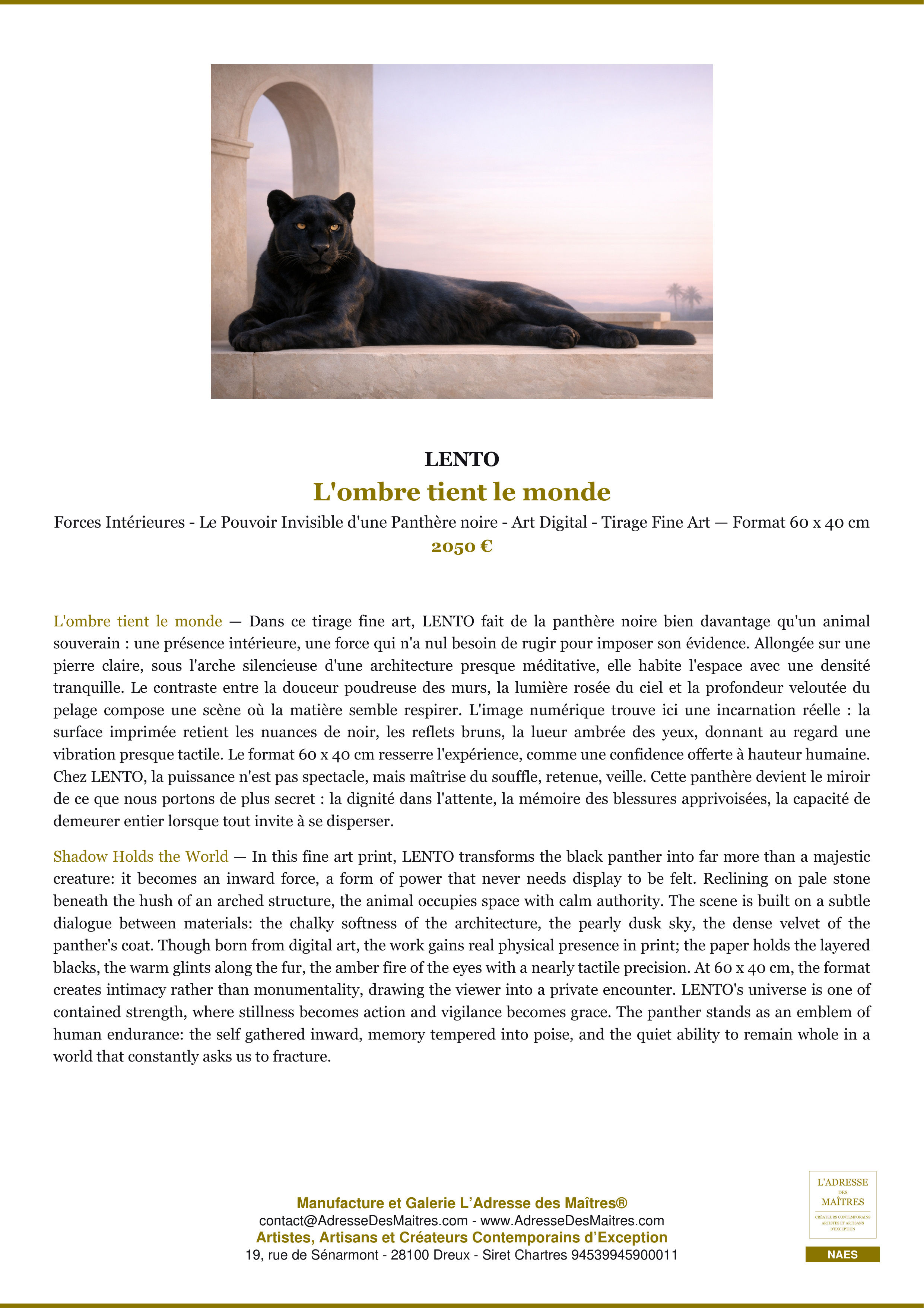 Fiche Premium — L'ombre tient le monde — LENTO — L'Adresse des Maîtres®