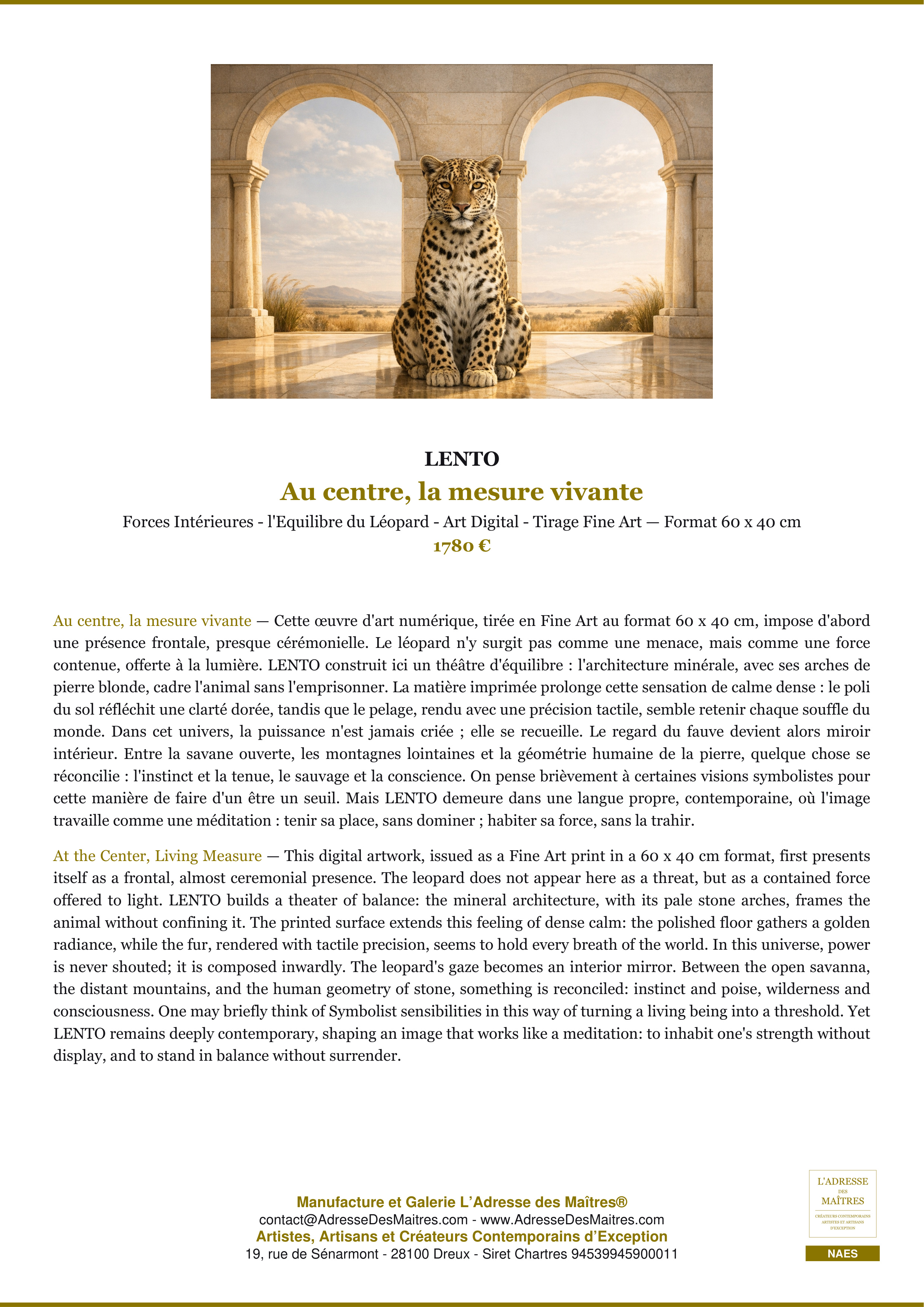Fiche Premium — Au centre, la mesure vivante — LENTO — L'Adresse des Maîtres®