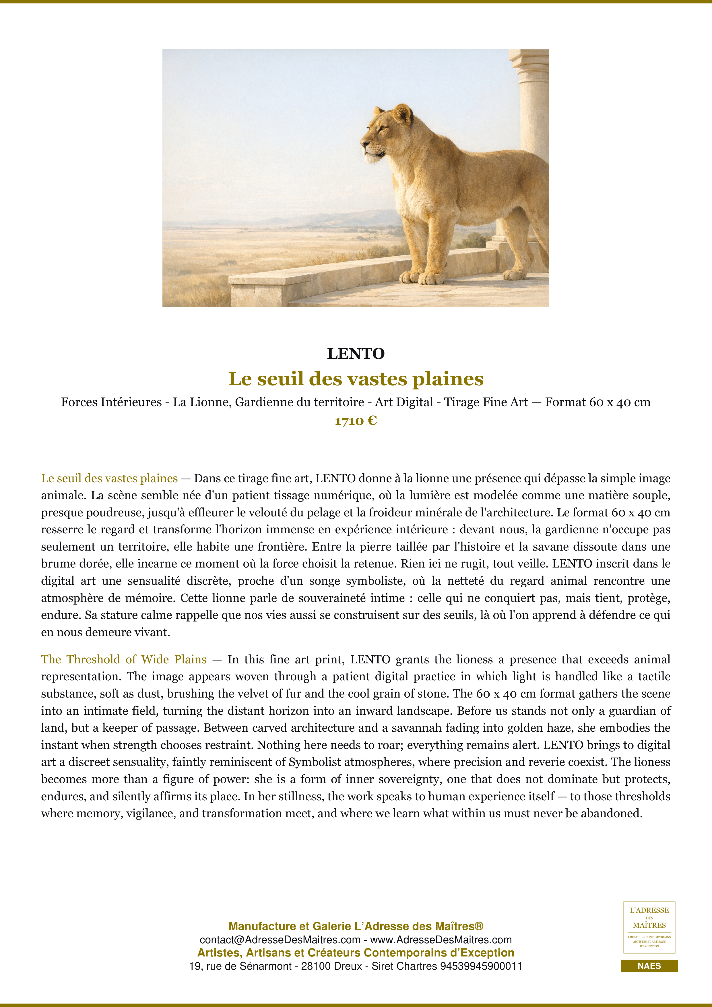 Fiche Premium — Le seuil des vastes plaines — LENTO — L'Adresse des Maîtres®