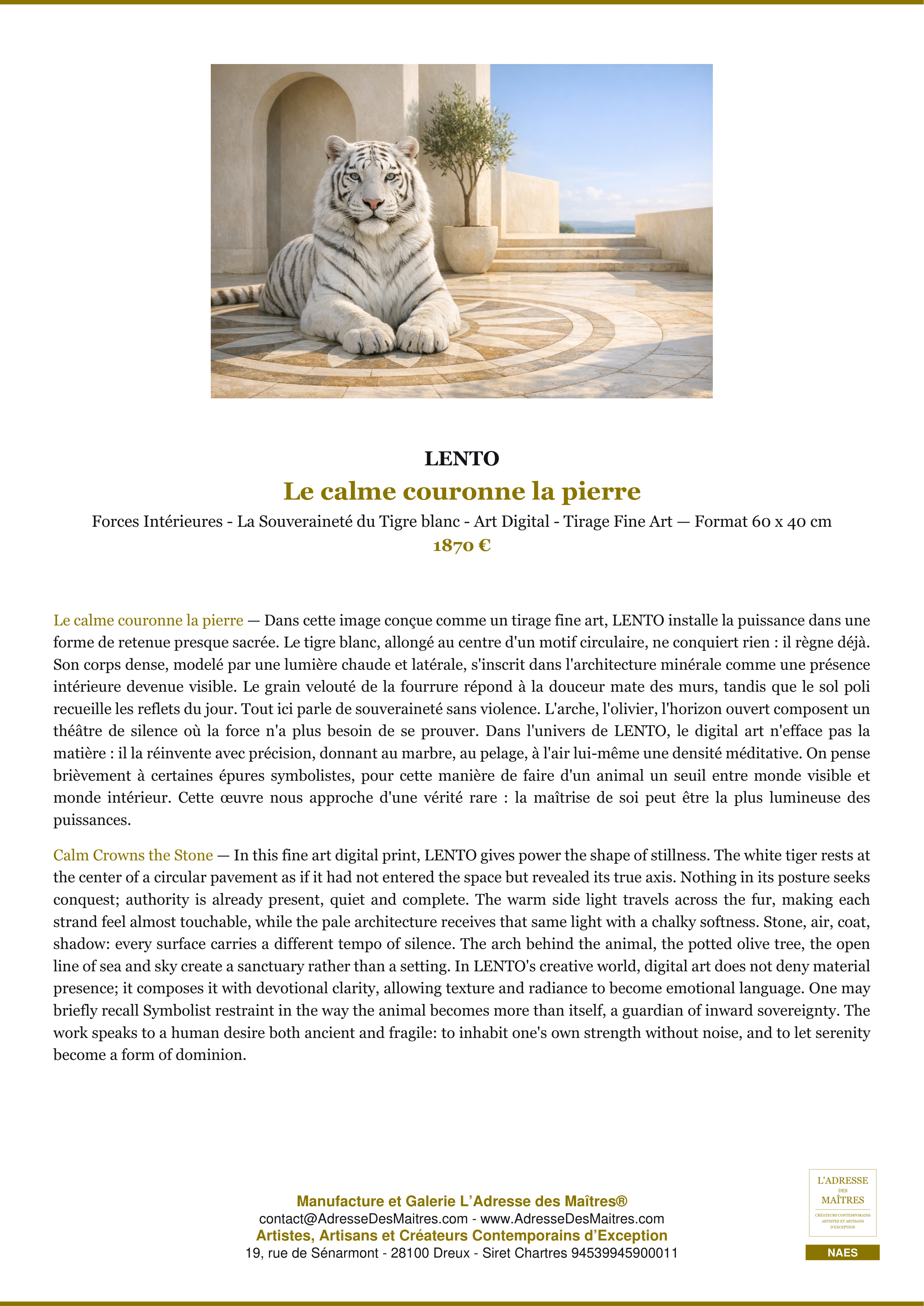Fiche Premium — Le calme couronne la pierre — LENTO — L'Adresse des Maîtres®