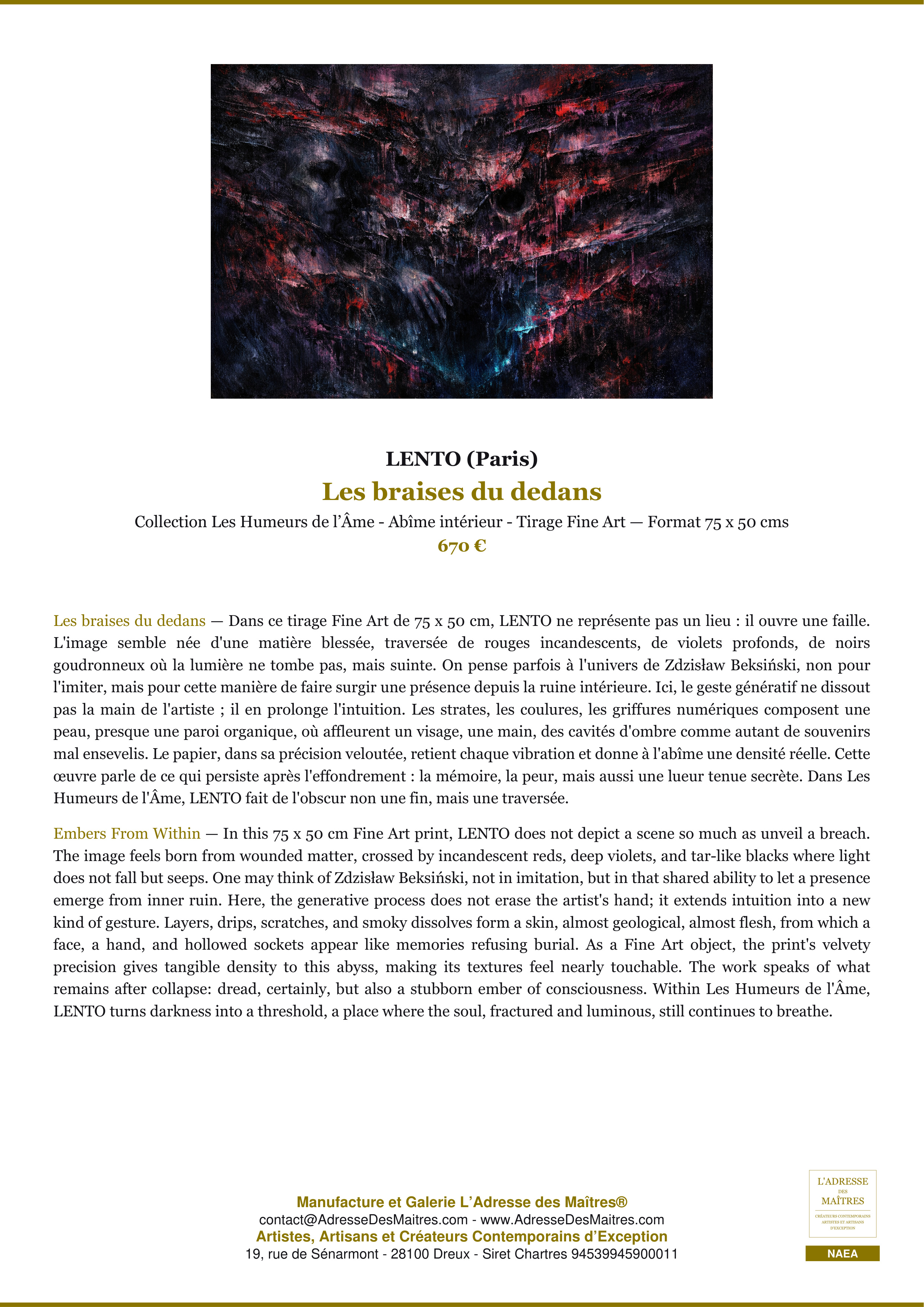 Fiche Premium — Les braises du dedans — LENTO (Paris) — L'Adresse des Maîtres®