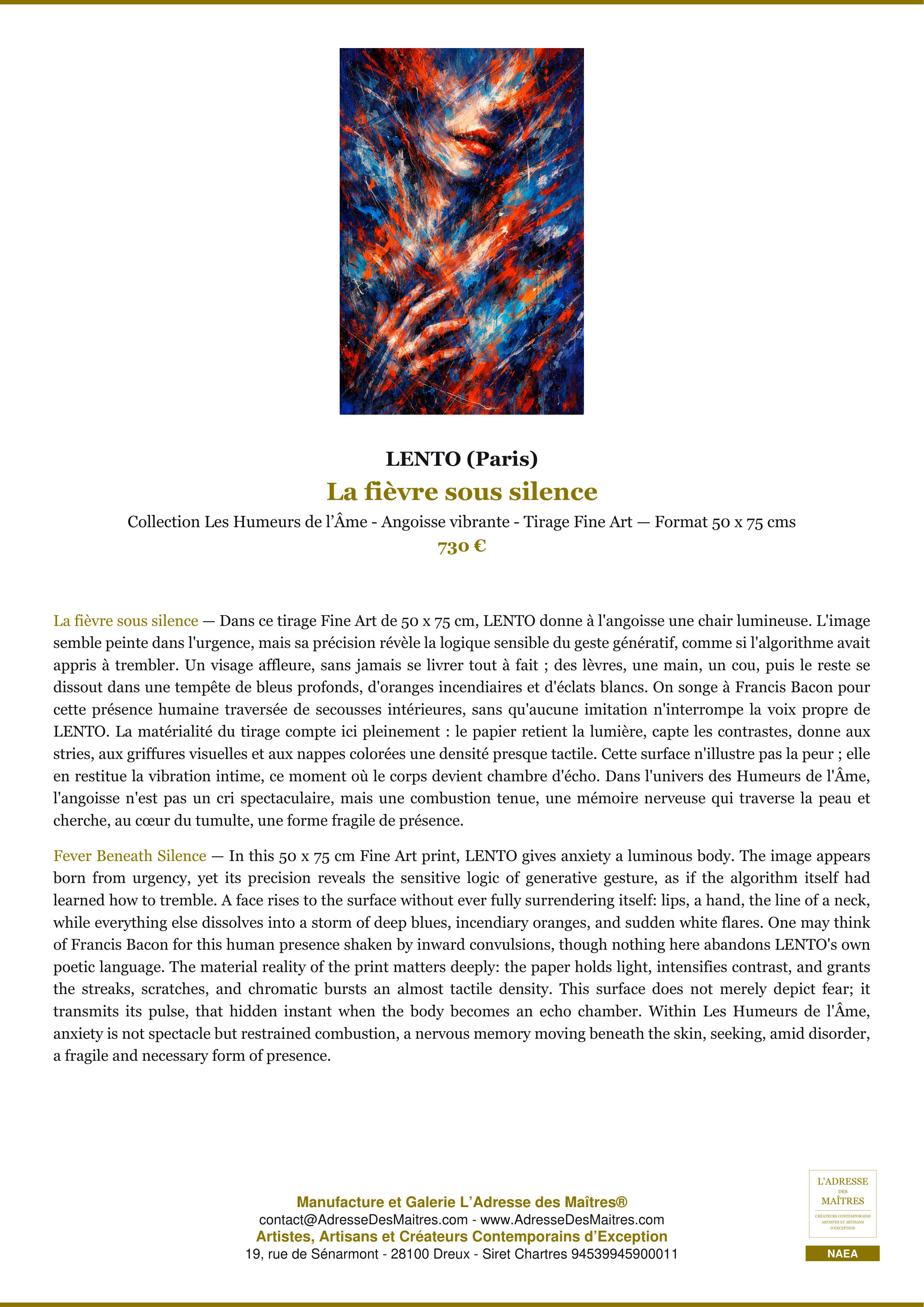 Fiche Premium — La fièvre sous silence — LENTO (Paris) — L'Adresse des Maîtres®