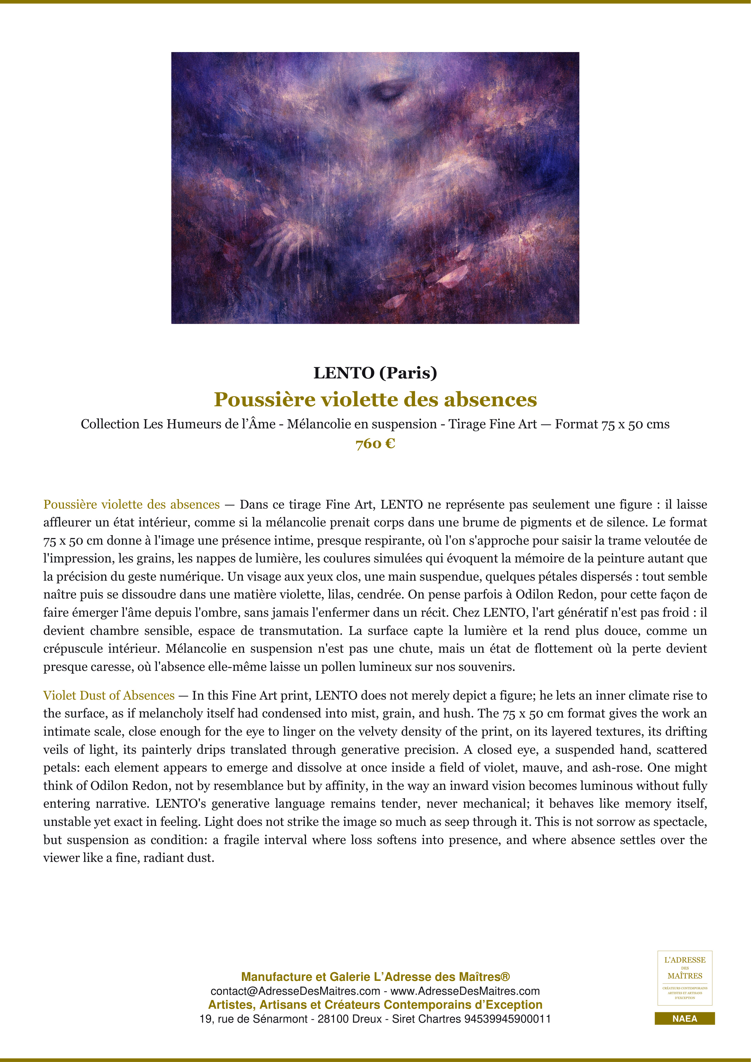 Fiche Premium — Poussière violette des absences — LENTO (Paris) — L'Adresse des Maîtres®