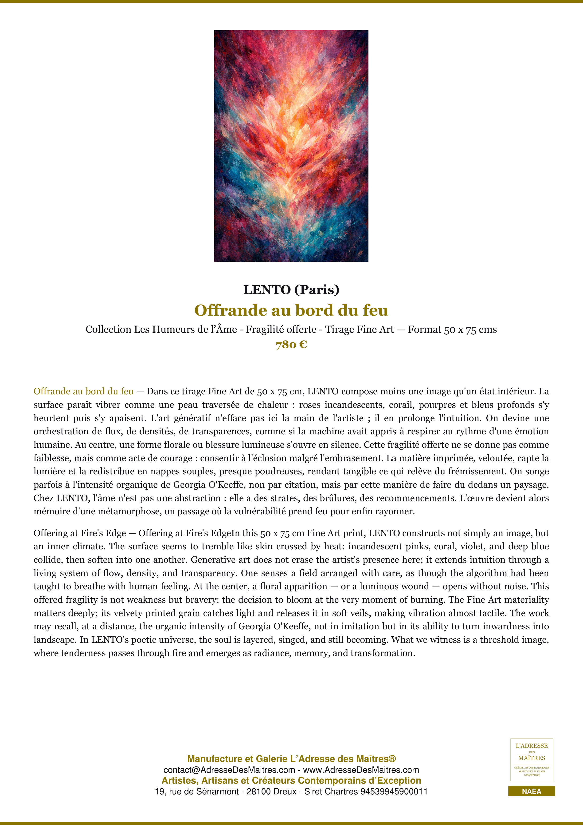 Fiche Premium — Offrande au bord du feu — LENTO (Paris) — L'Adresse des Maîtres®