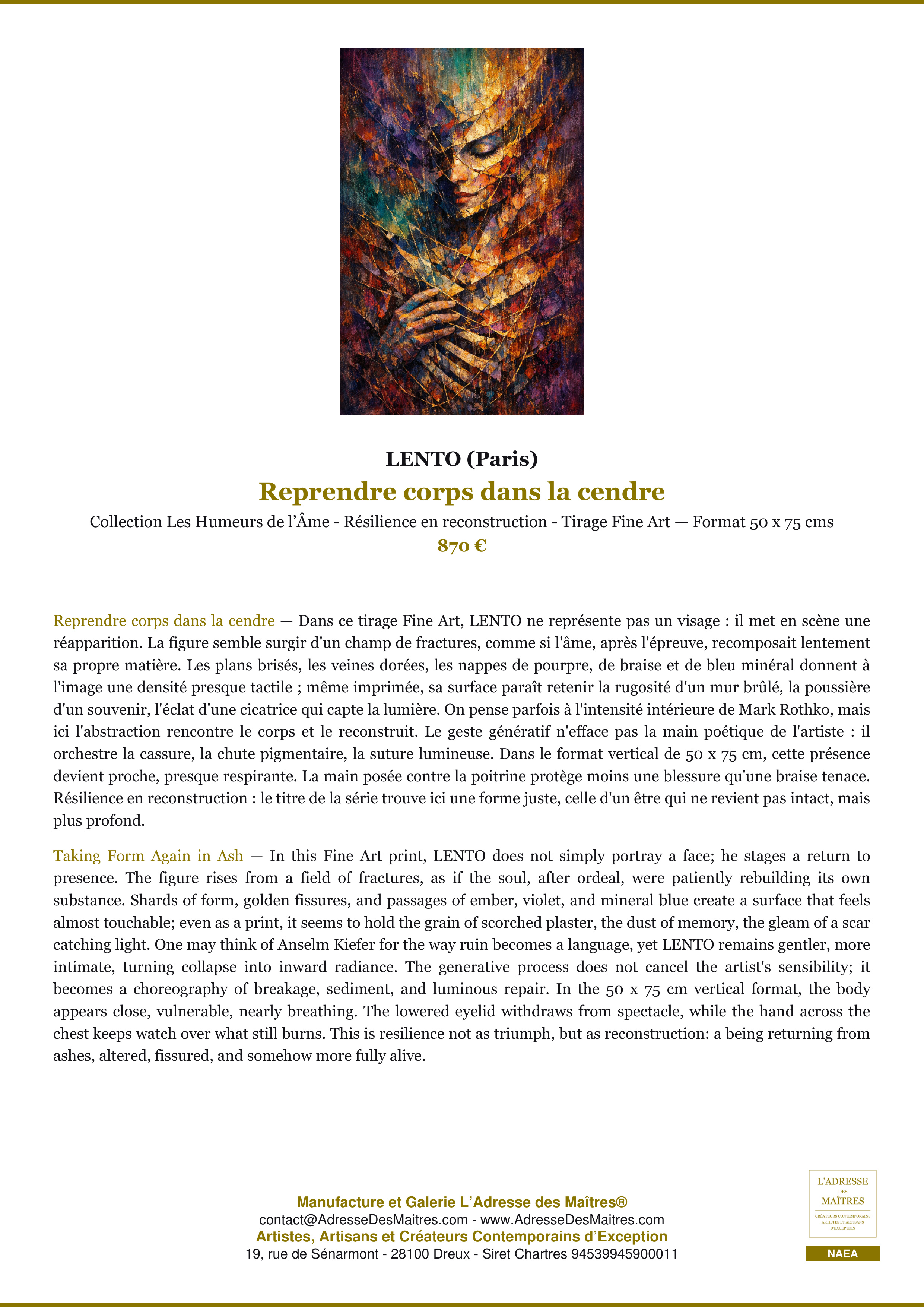 Fiche Premium — Reprendre corps dans la cendre — LENTO (Paris) — L'Adresse des Maîtres®