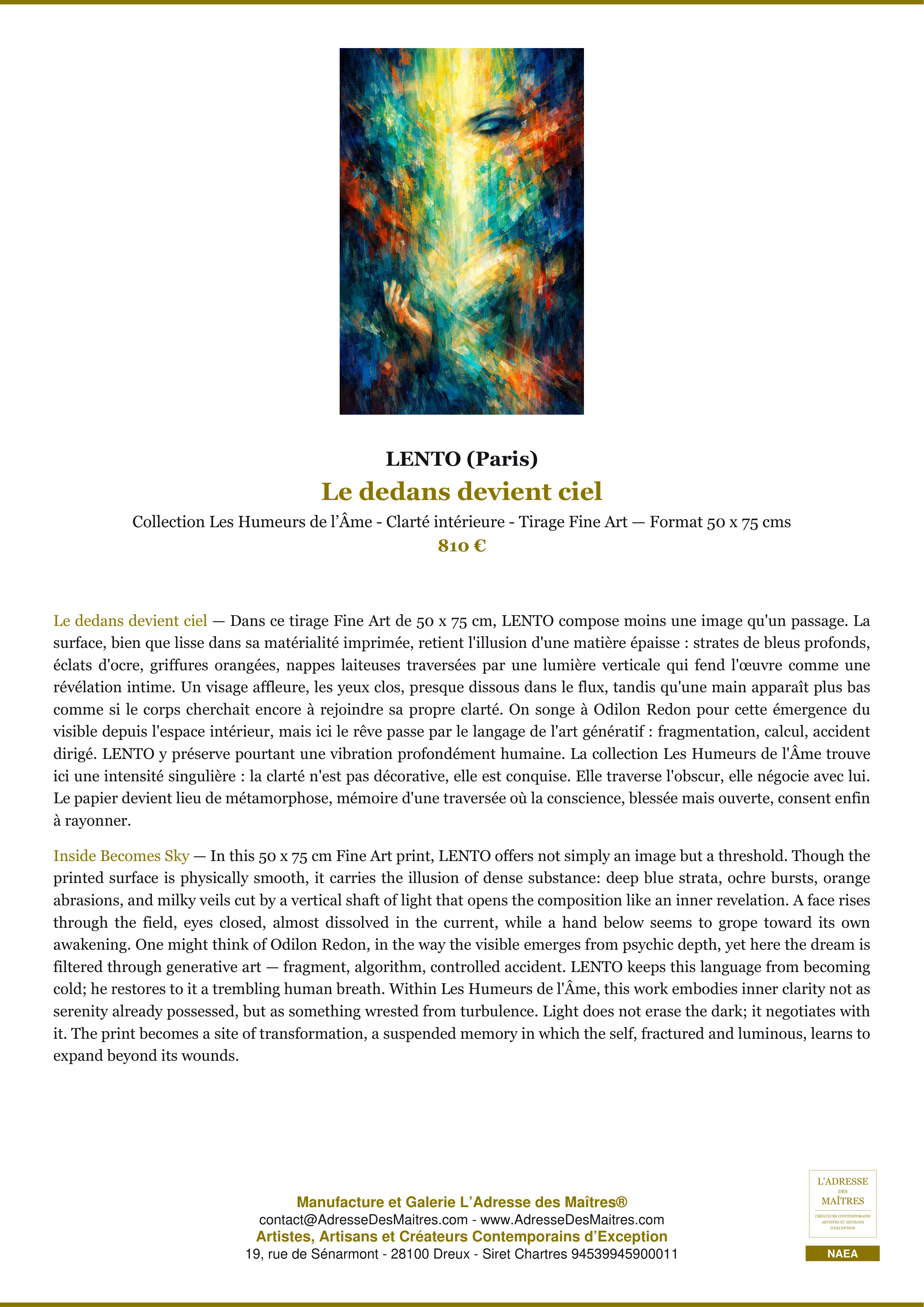 Fiche Premium — Le dedans devient ciel — LENTO (Paris) — L'Adresse des Maîtres®