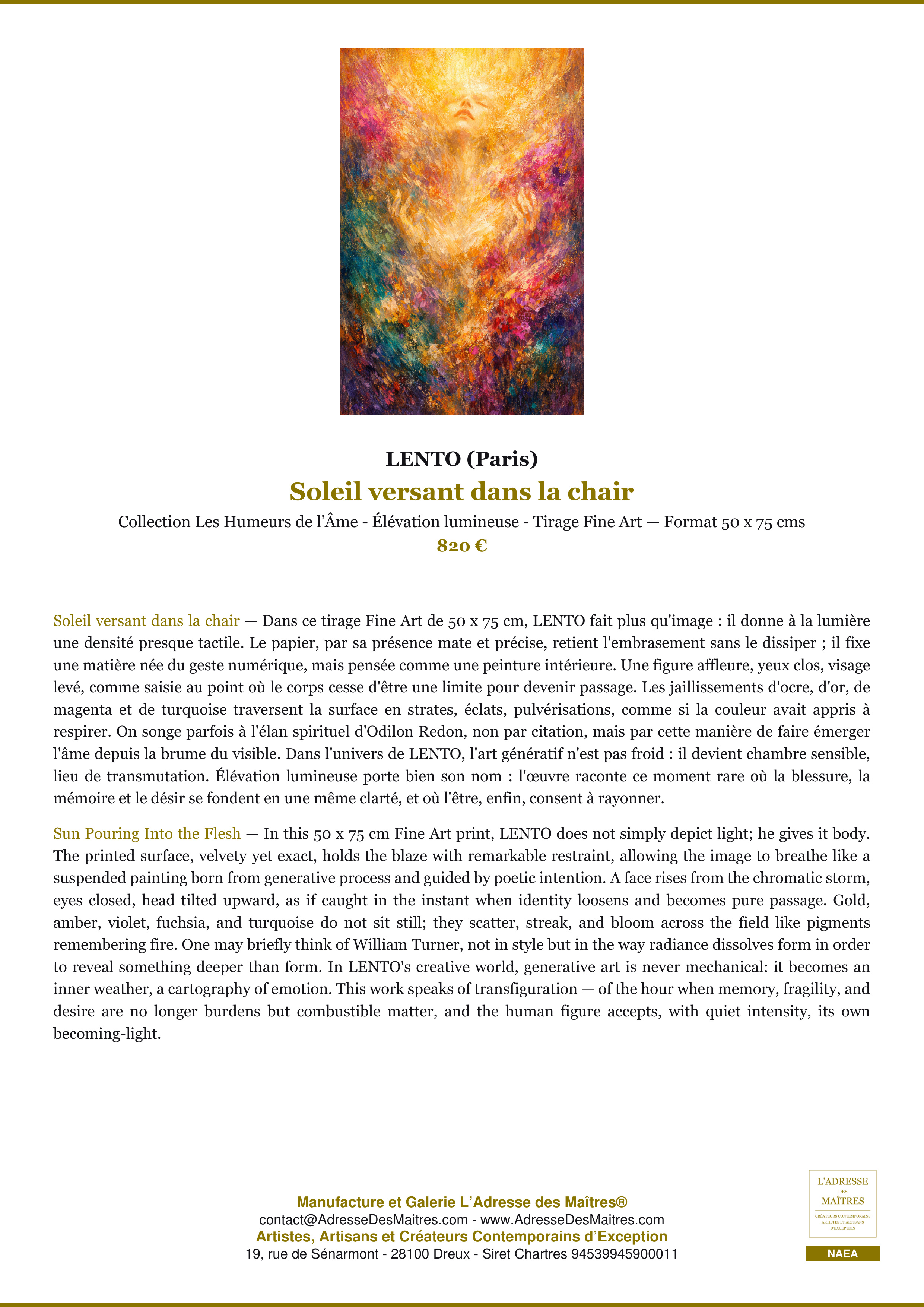 Fiche Premium — Soleil versant dans la chair — LENTO (Paris) — L'Adresse des Maîtres®