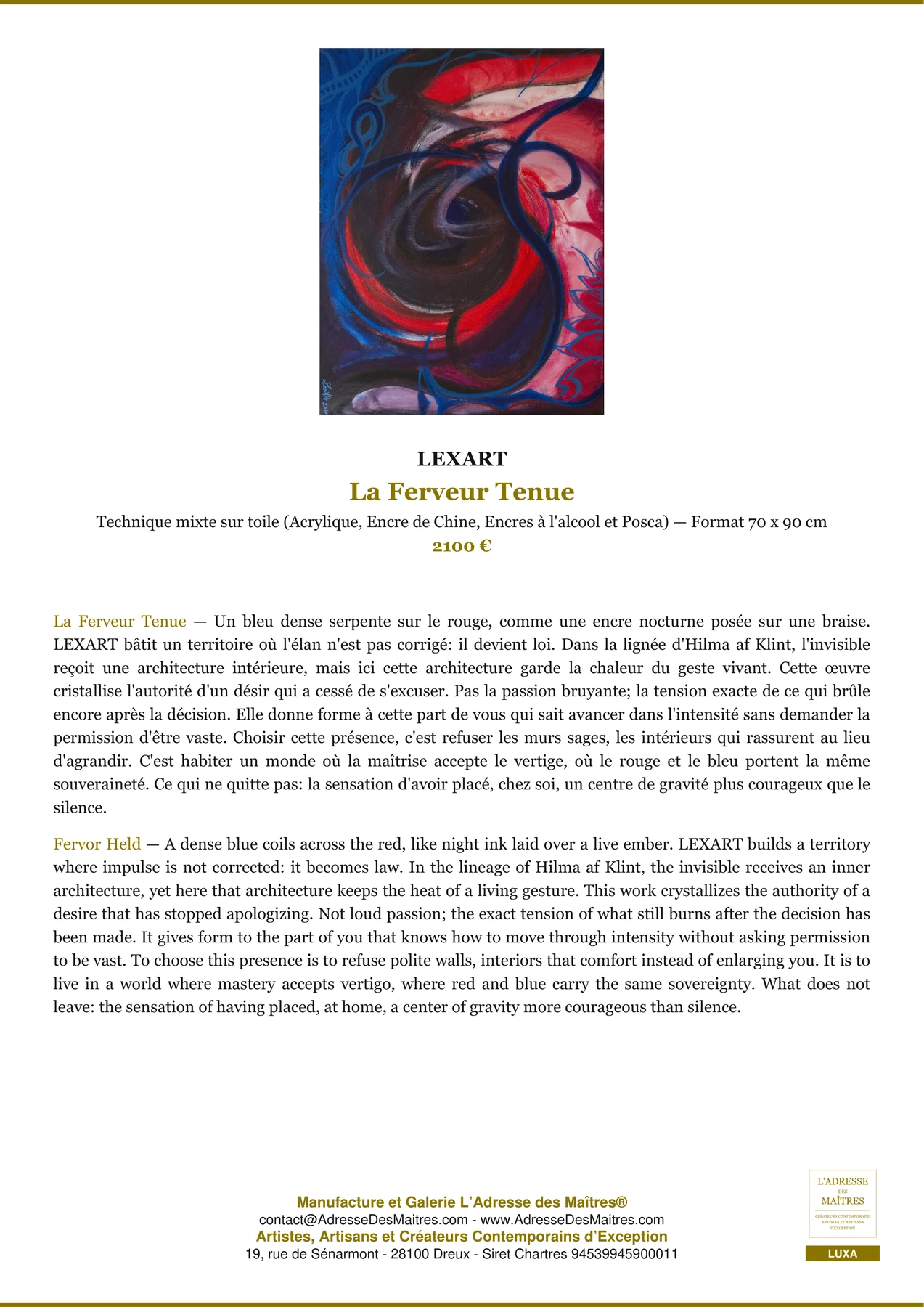 Fiche Premium - La Ferveur Tenue - LEXART - L'Adresse des Maîtres®