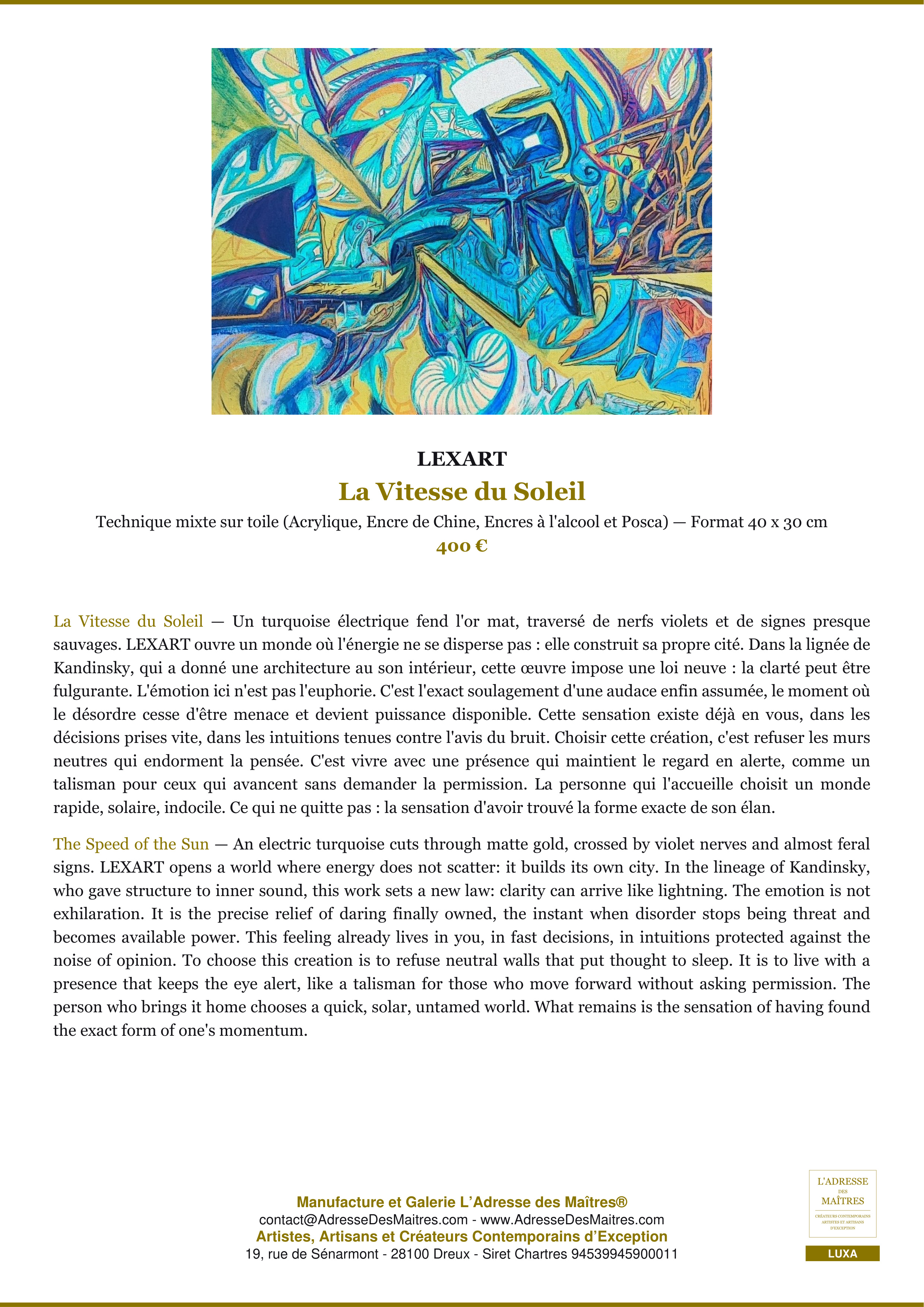 Fiche Premium — La Vitesse du Soleil — LEXART — L'Adresse des Maîtres®