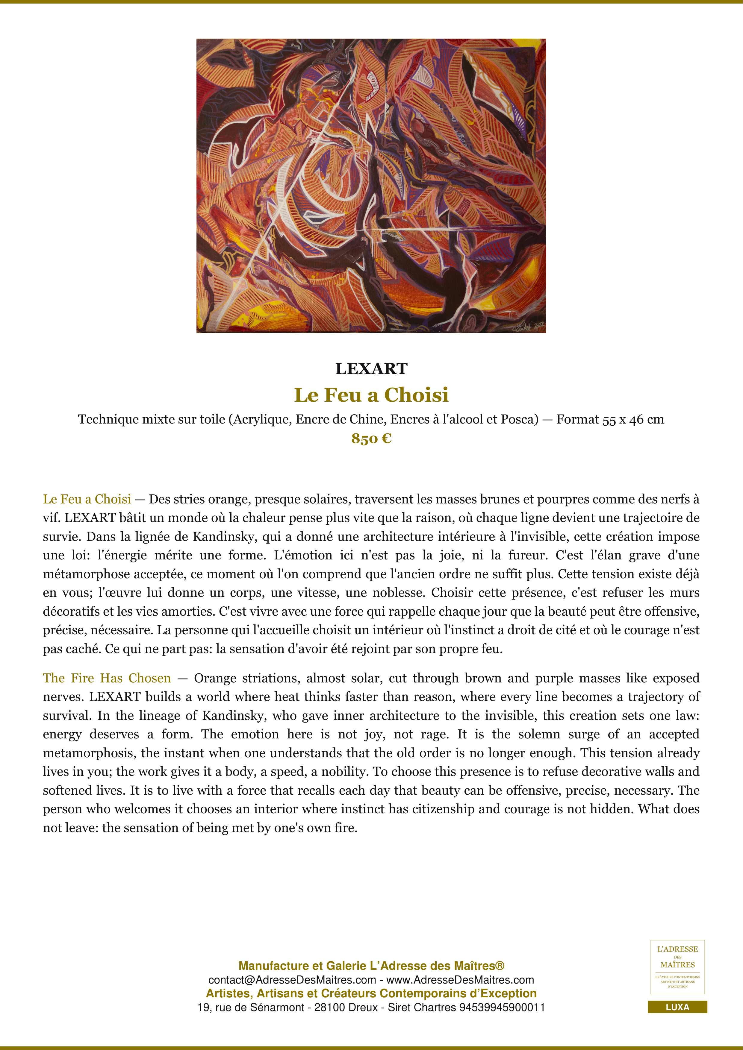 Fiche Premium — Le Feu a Choisi — LEXART — L'Adresse des Maîtres®