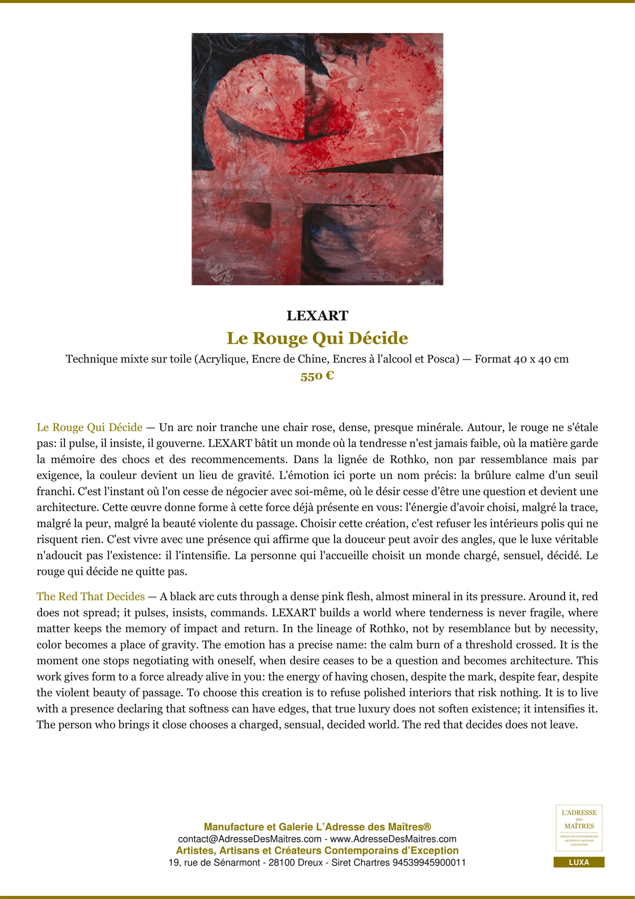 Fiche Premium - Le Rouge Qui Décide - LEXART - L'Adresse des Maîtres®