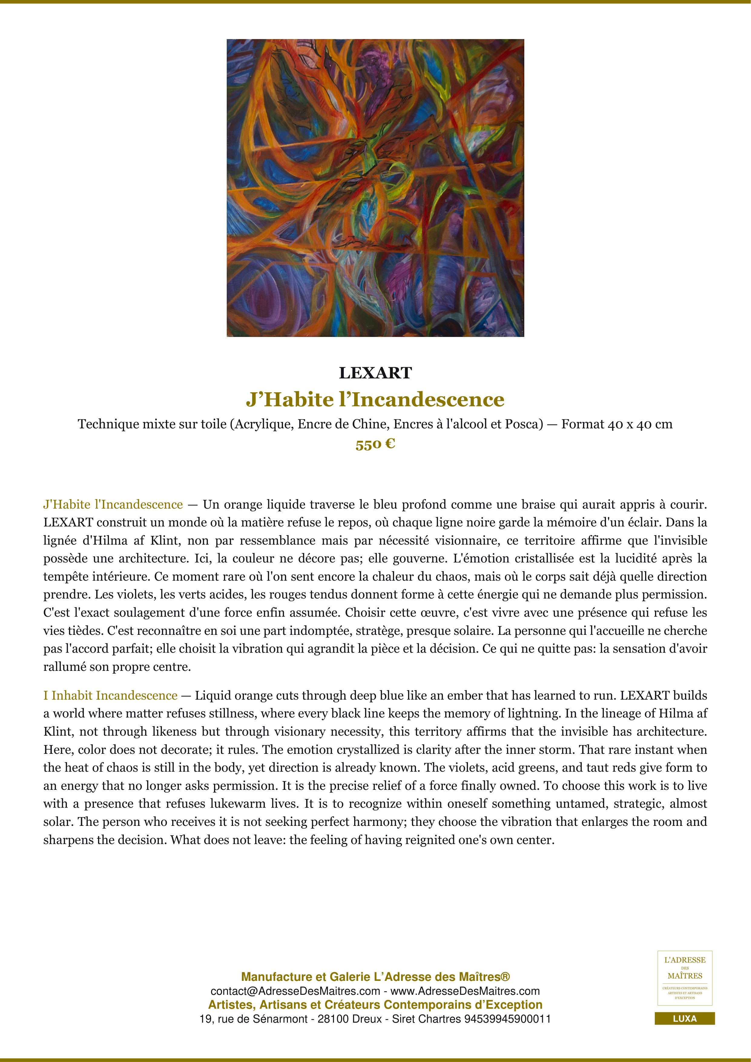 Fiche Premium — J’Habite l’Incandescence — LEXART — L'Adresse des Maîtres®