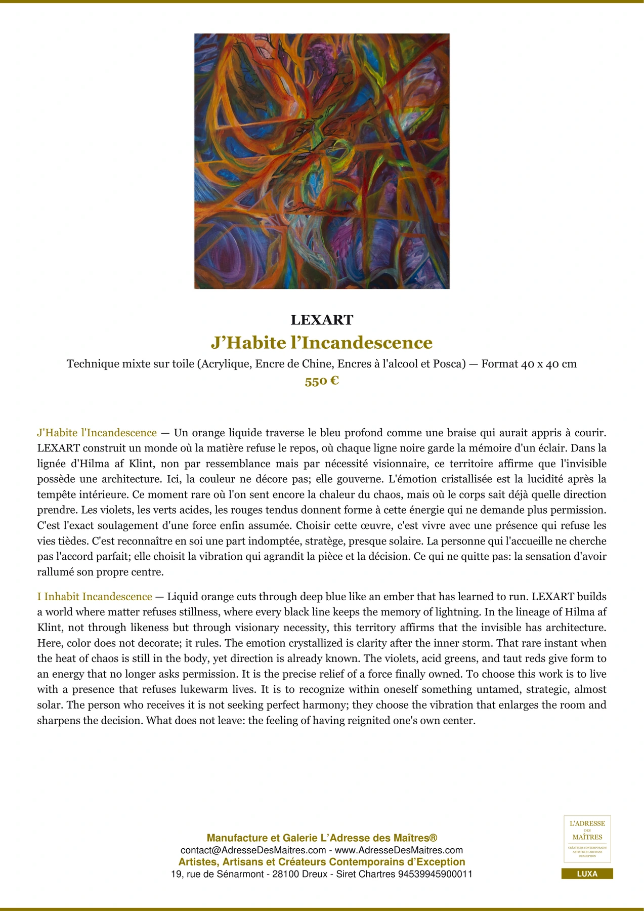 Fiche Premium - J’Habite l’Incandescence - LEXART - L'Adresse des Maîtres®