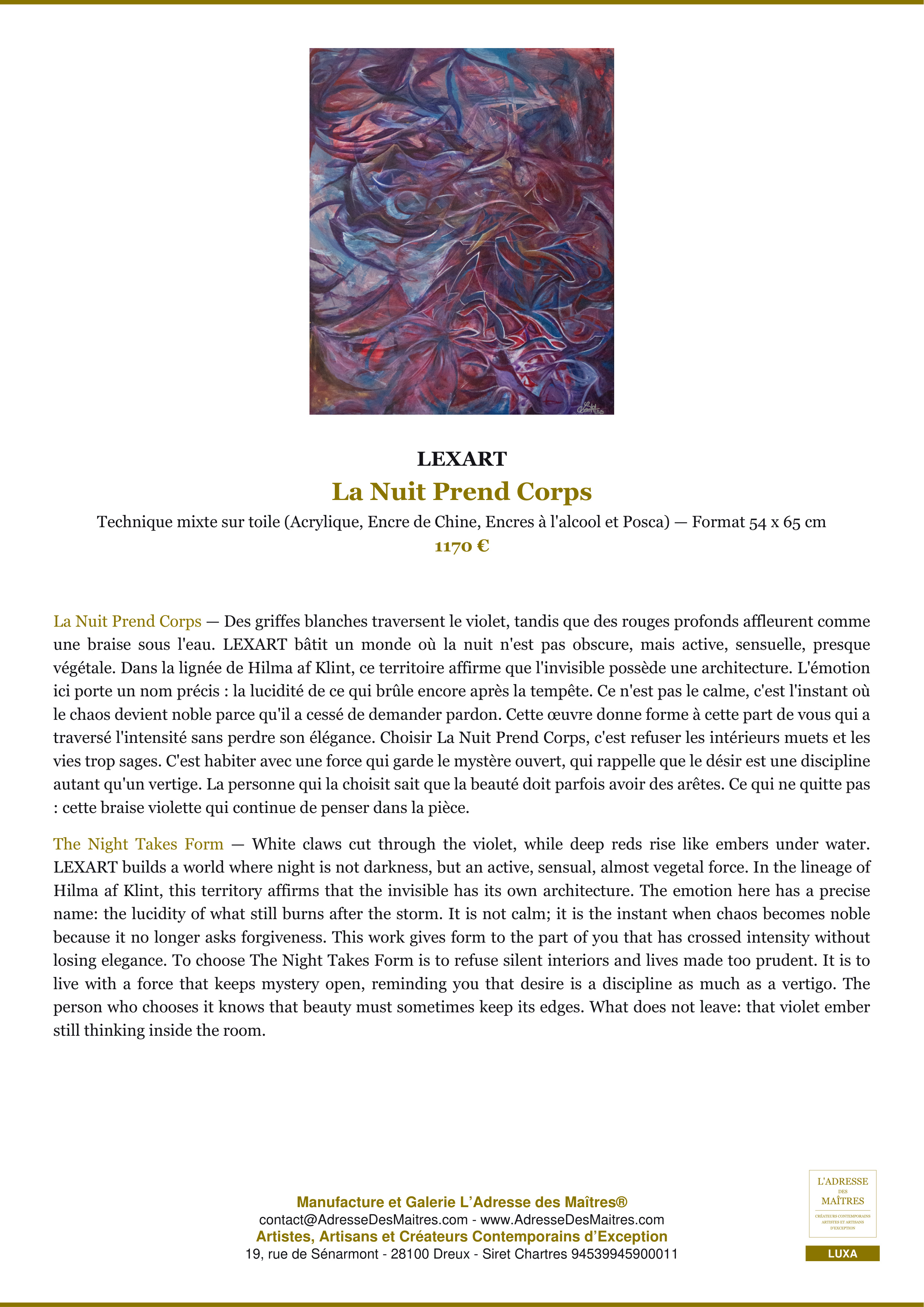 Fiche Premium — La Nuit Prend Corps — LEXART — L'Adresse des Maîtres®