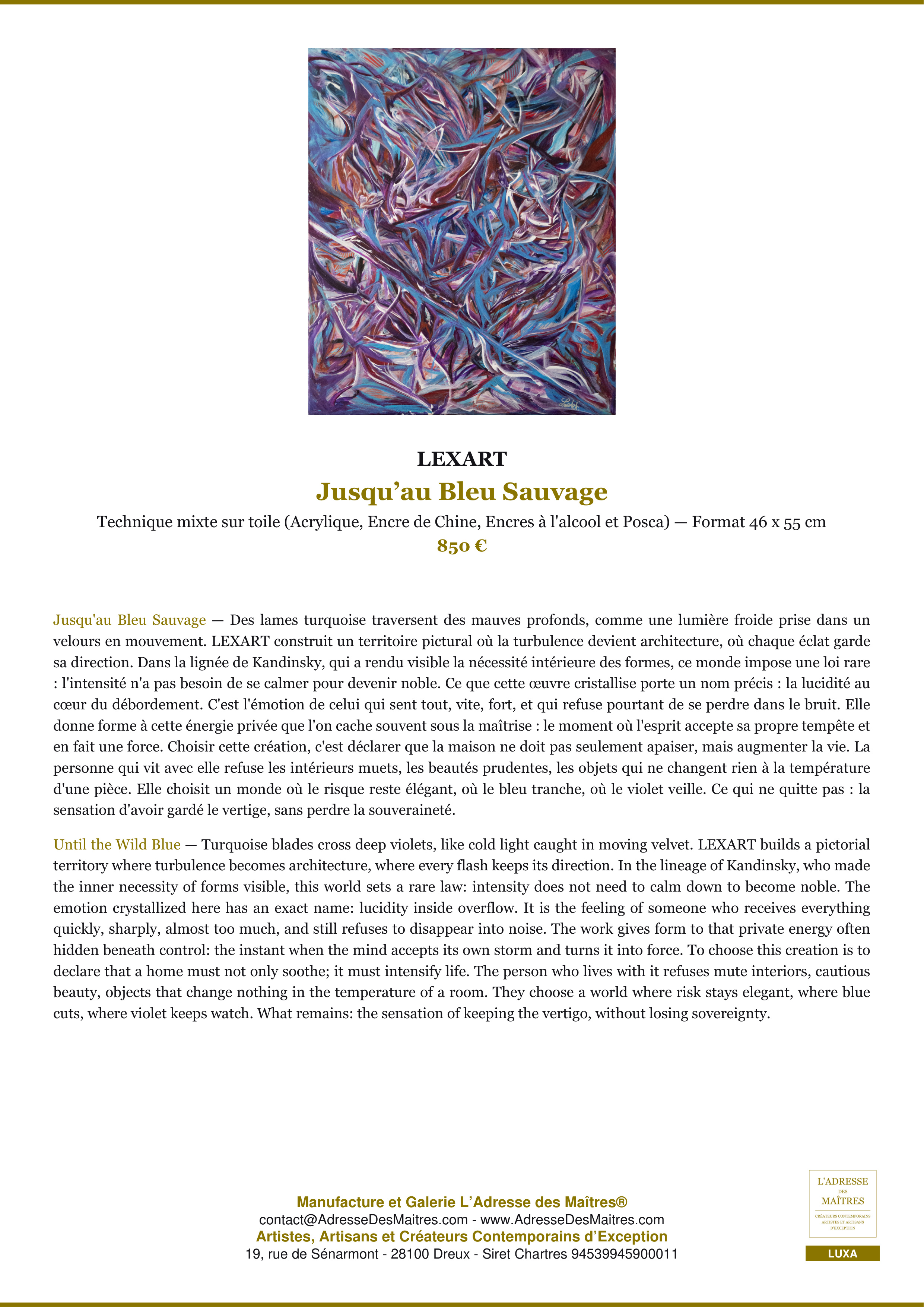 Fiche Premium — Jusqu’au Bleu Sauvage — LEXART — L'Adresse des Maîtres®