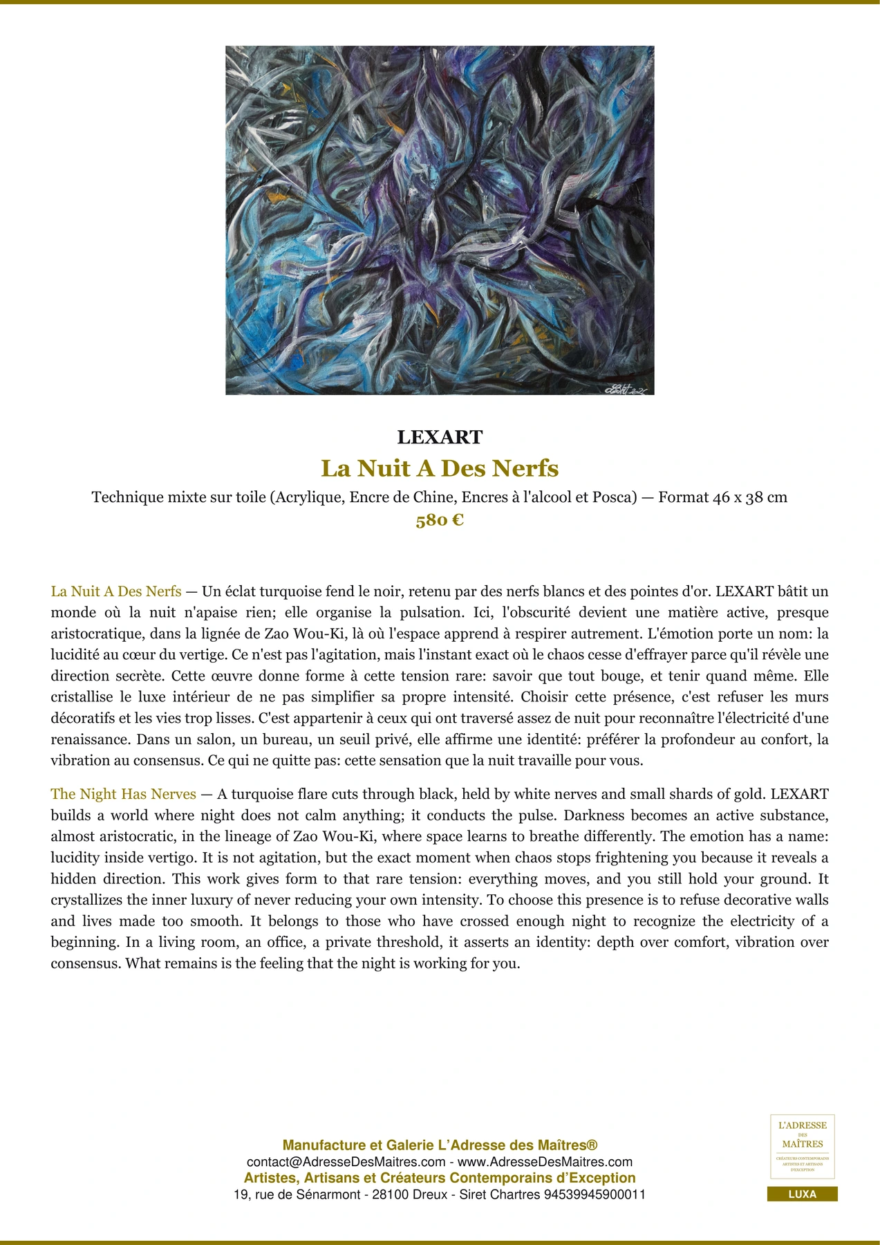 Fiche Premium - La Nuit A Des Nerfs - LEXART - L'Adresse des Maîtres®