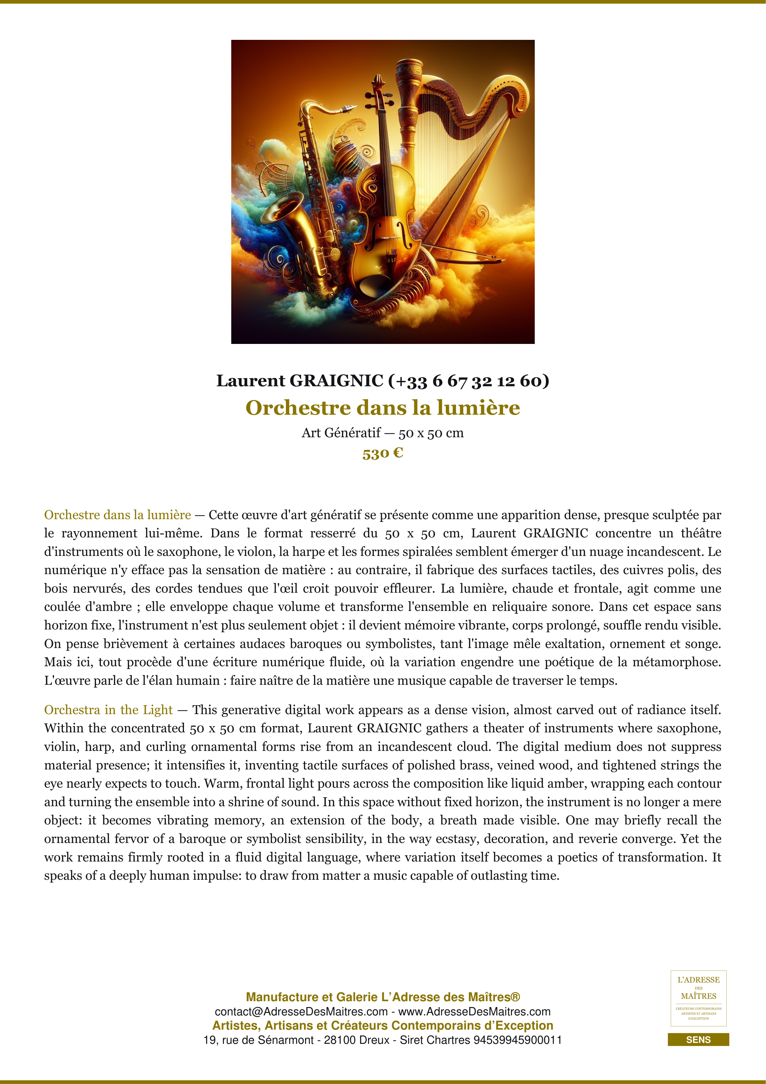 Fiche Premium — Orchestre dans la lumière — Laurent GRAIGNIC (+33 6 67 32 12 60) — L'Adresse des Maîtres®
