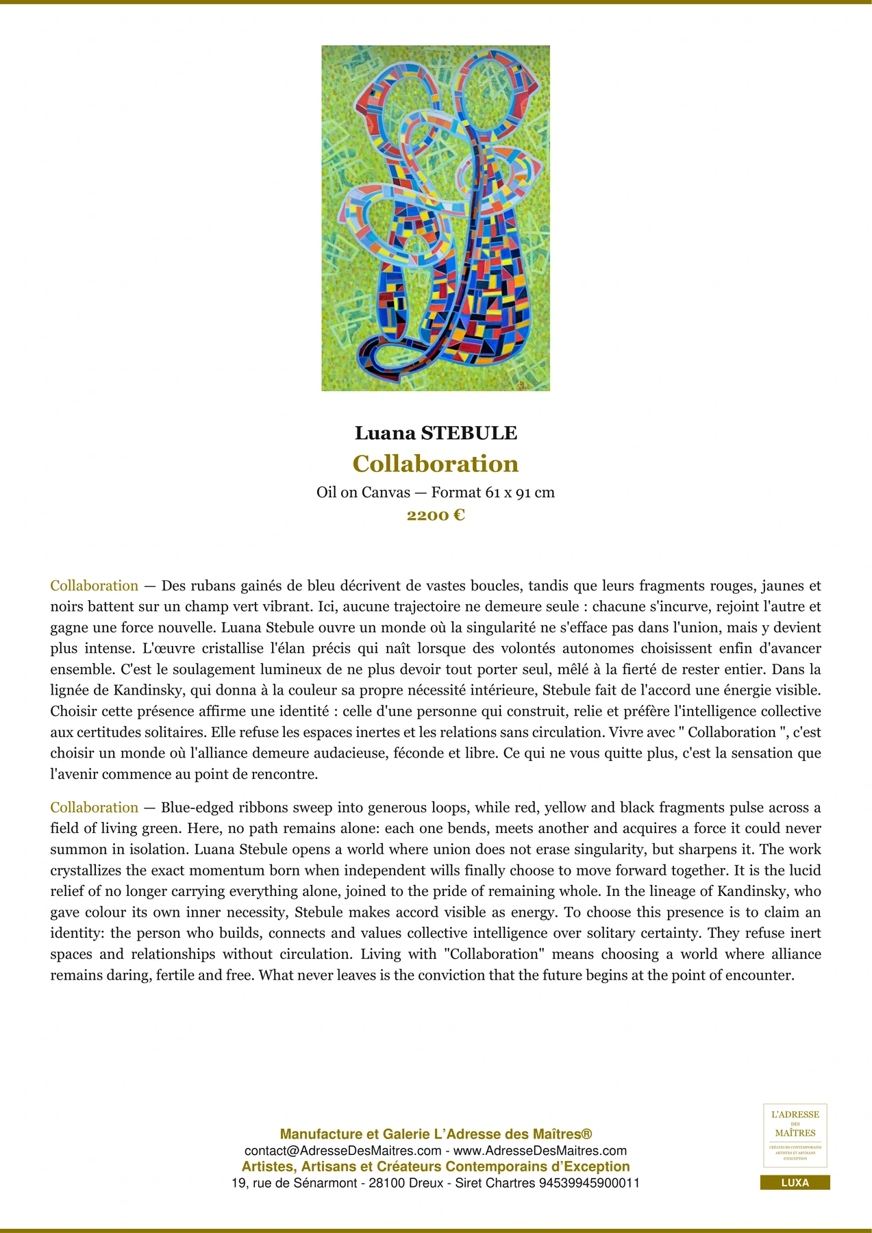Fiche Premium - Collaboration - Luana STEBULE - L'Adresse des Maîtres®