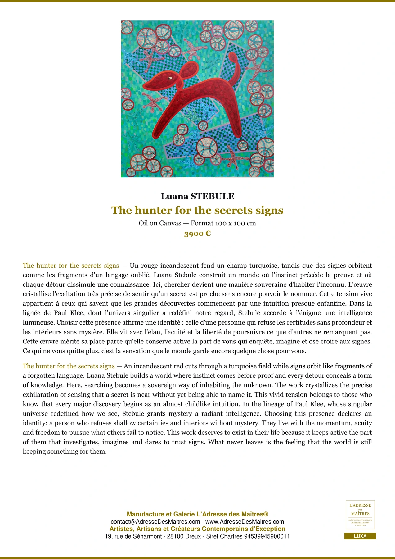 Fiche Premium - The hunter for the secrets signs - Luana STEBULE - L'Adresse des Maîtres®