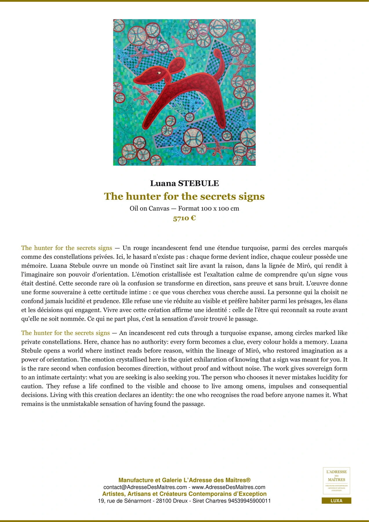 Fiche Premium - The hunter for the secrets signs - Luana STEBULE - L'Adresse des Maîtres®