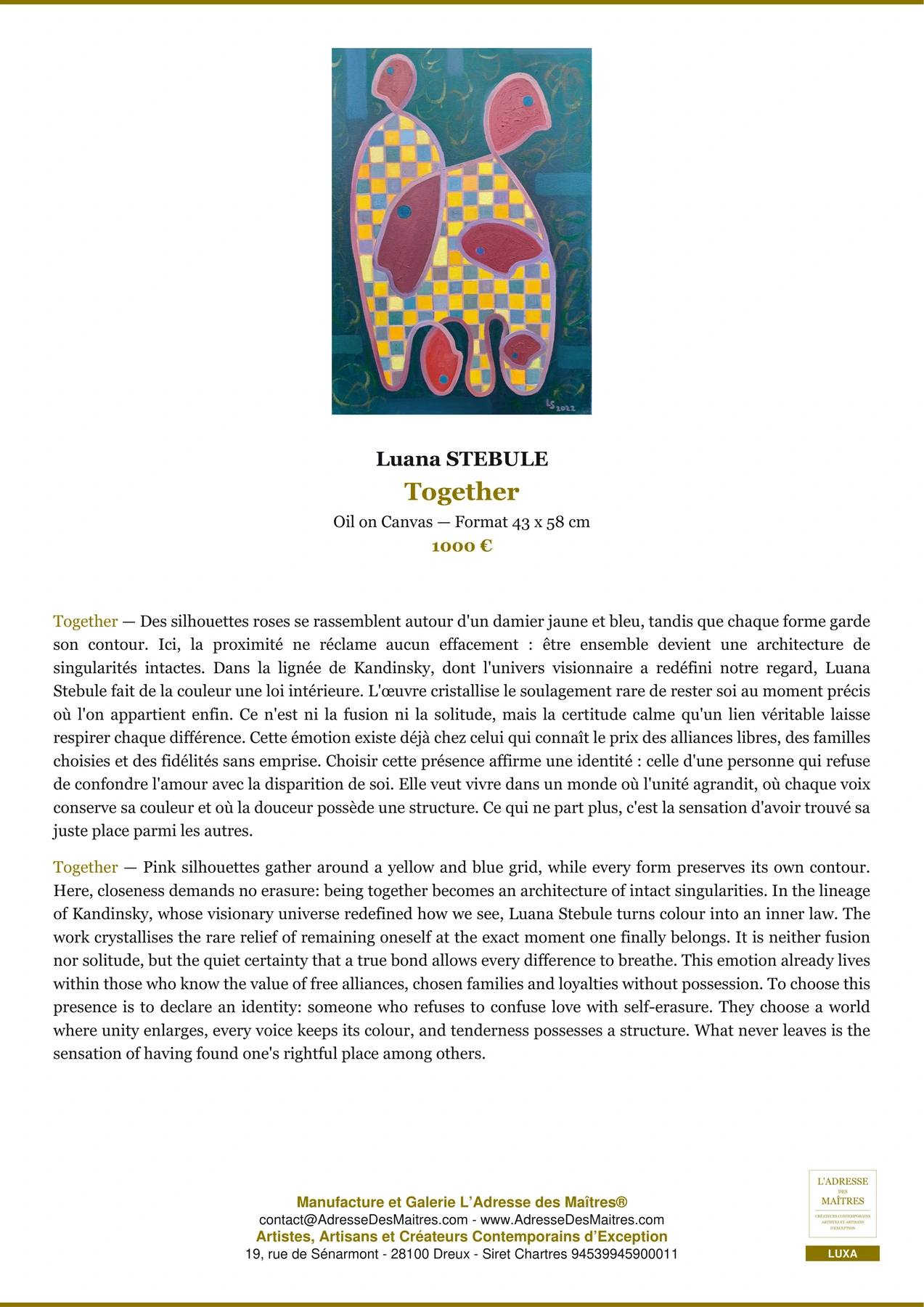 Fiche Premium - Together - Luana STEBULE - L'Adresse des Maîtres®