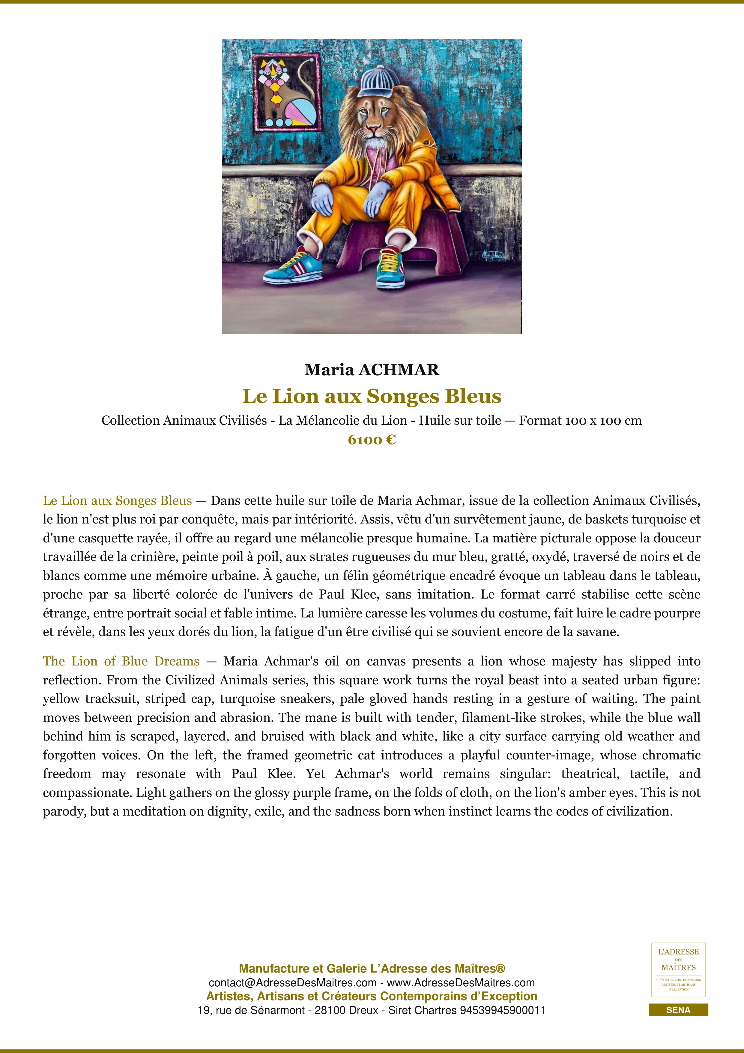 Fiche Premium — Le Lion aux Songes Bleus — Maria ACHMAR — L'Adresse des Maîtres®