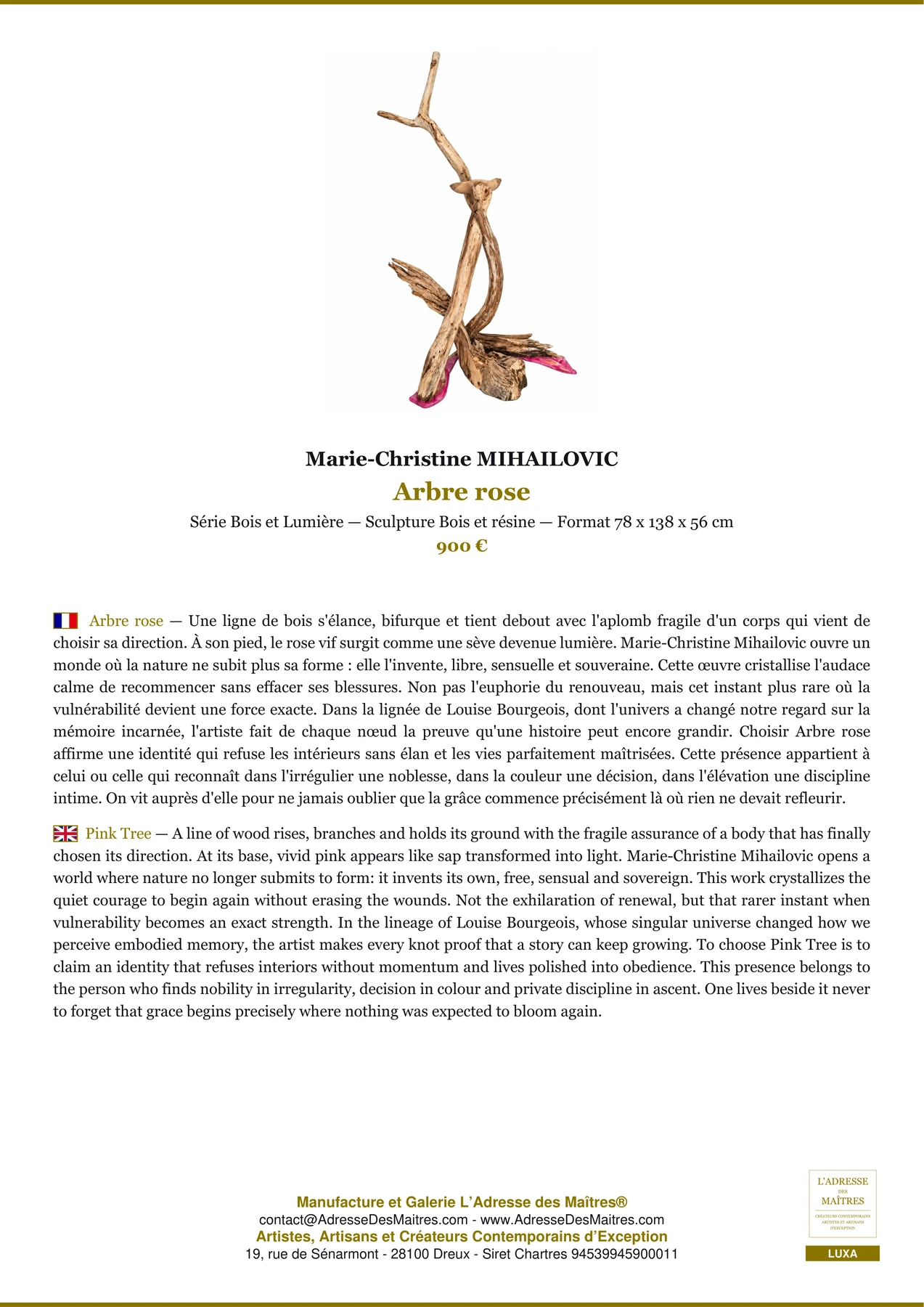 Fiche Premium - Arbre rose - Marie-Christine MIHAILOVIC - L'Adresse des Maîtres®