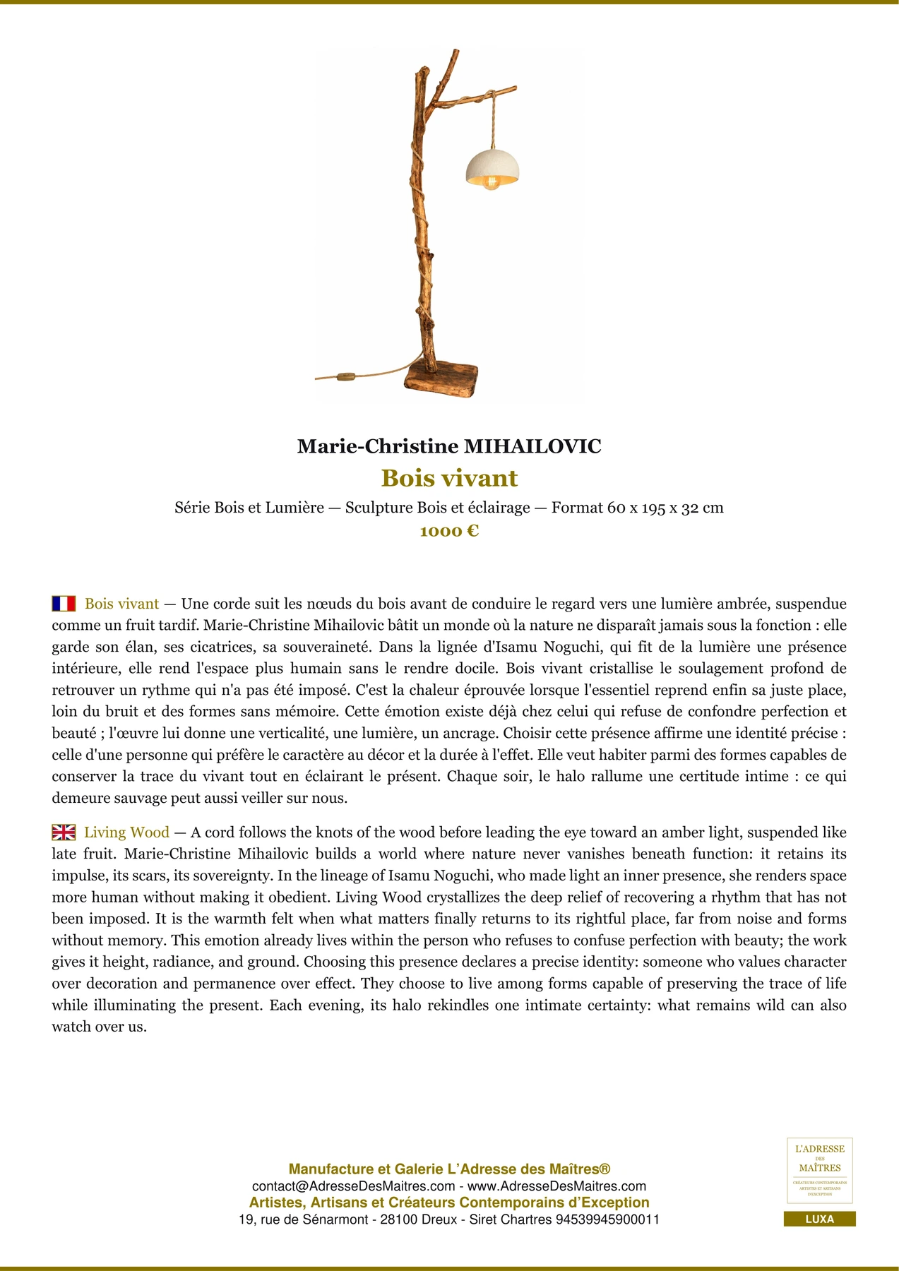 Fiche Premium - Bois vivant - Marie-Christine MIHAILOVIC - L'Adresse des Maîtres®