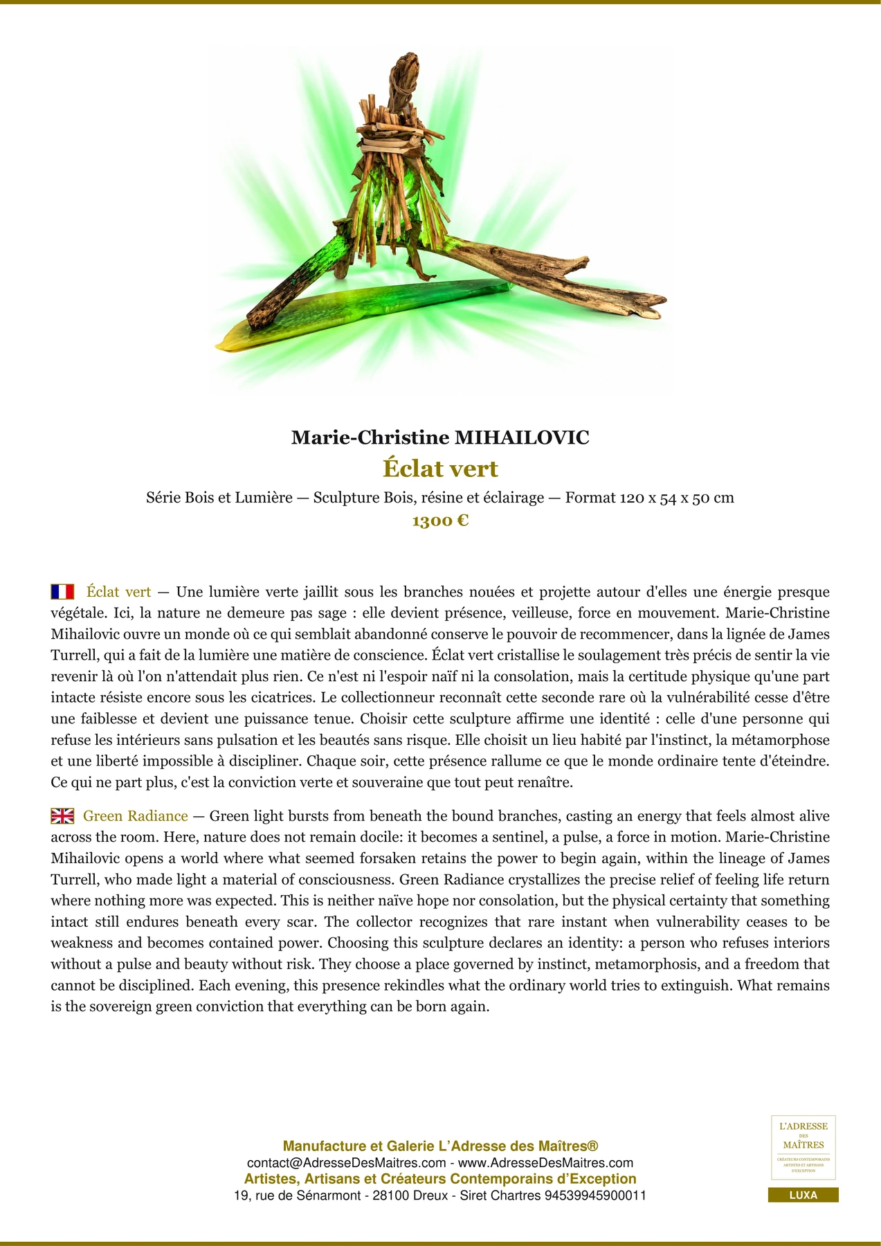Fiche Premium - Éclat vert - Marie-Christine MIHAILOVIC - L'Adresse des Maîtres®