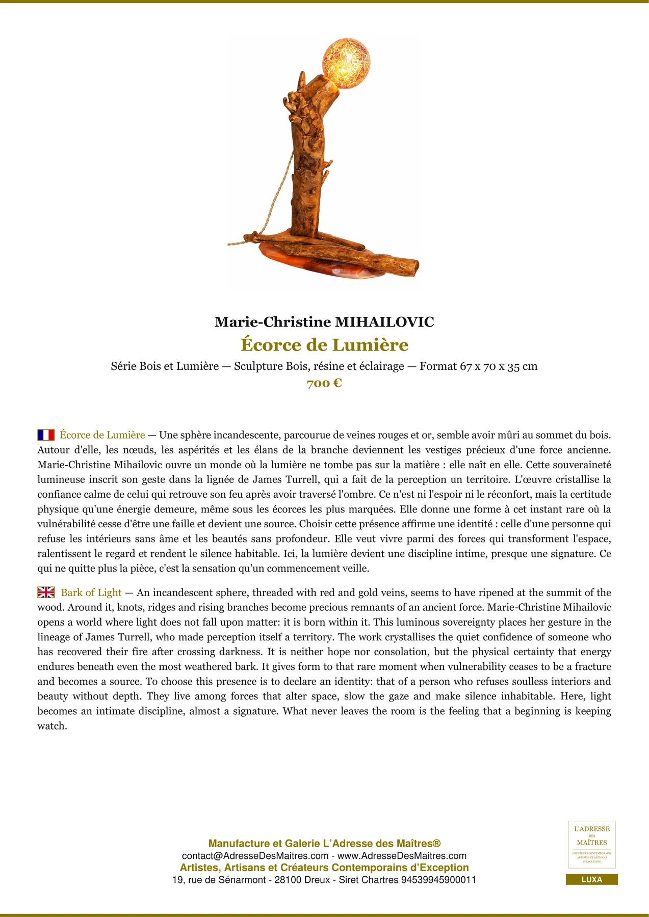 Fiche Premium - Écorce de Lumière - Marie-Christine MIHAILOVIC - L'Adresse des Maîtres®