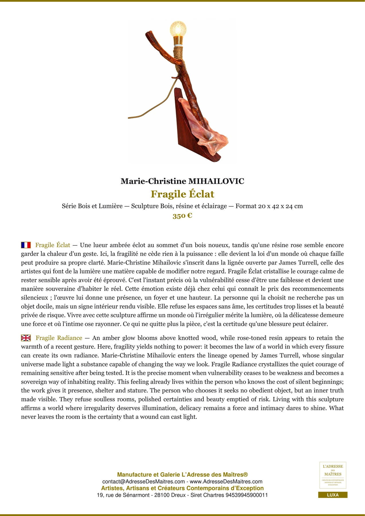 Fiche Premium - Fragile Éclat - Marie-Christine MIHAILOVIC - L'Adresse des Maîtres®