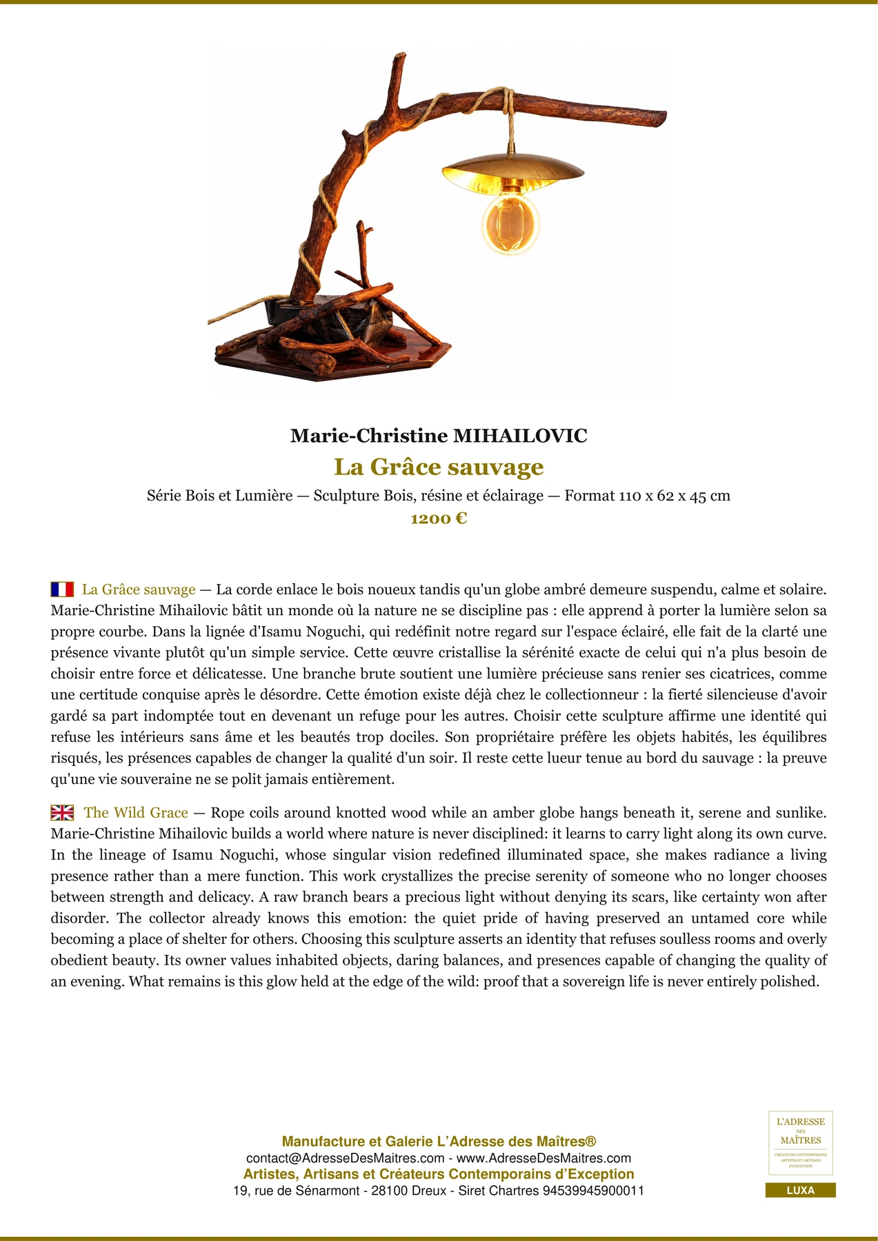 Fiche Premium - La Grâce sauvage - Marie-Christine MIHAILOVIC - L'Adresse des Maîtres®