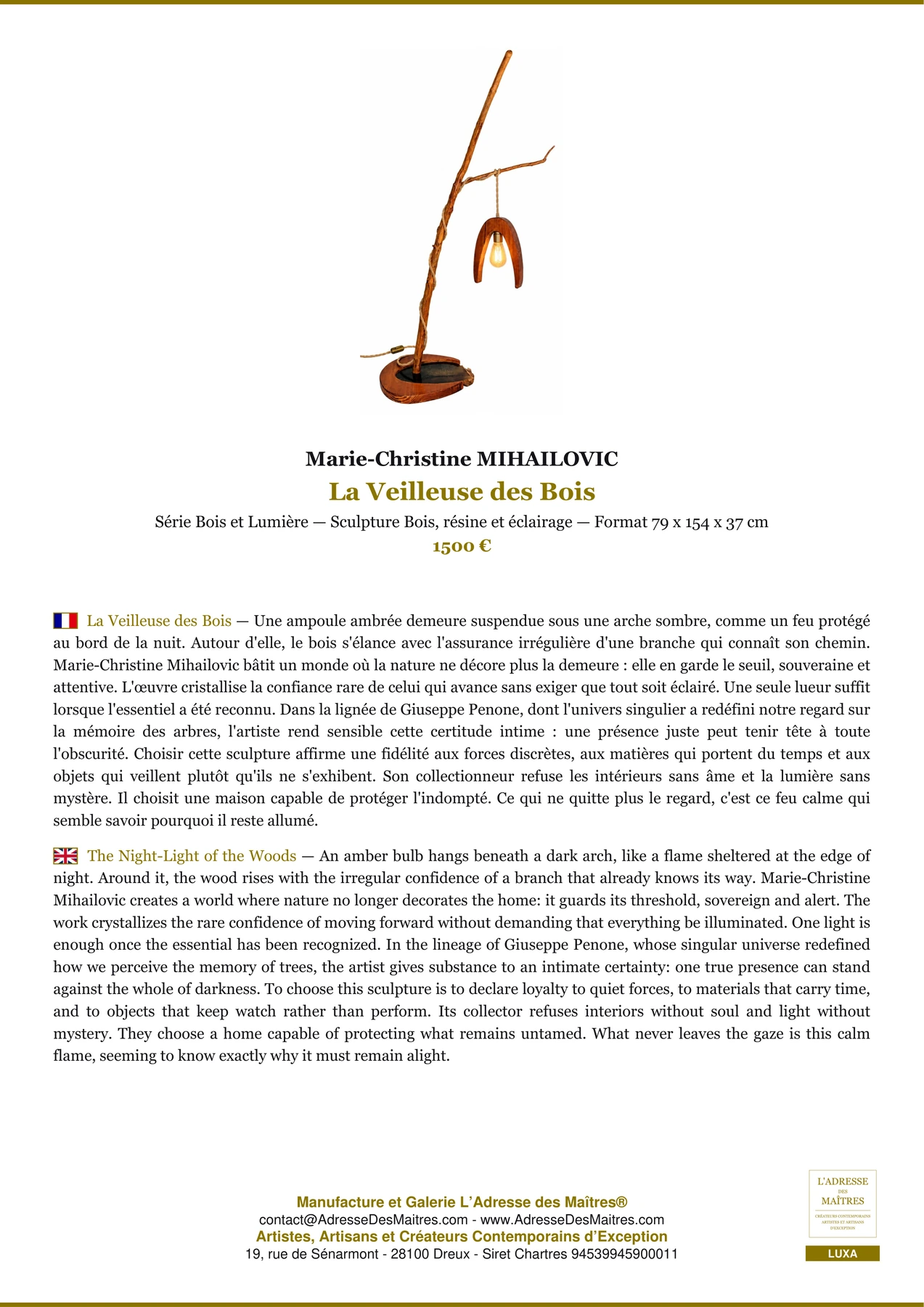 Fiche Premium - La Veilleuse des Bois - Marie-Christine MIHAILOVIC - L'Adresse des Maîtres®