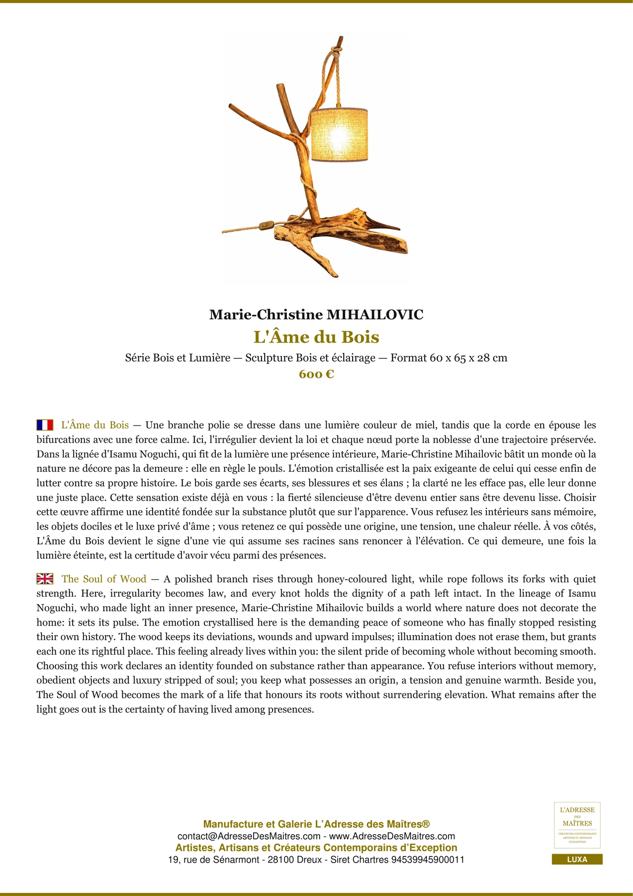 Fiche Premium - L'Âme du Bois - Marie-Christine MIHAILOVIC - L'Adresse des Maîtres®