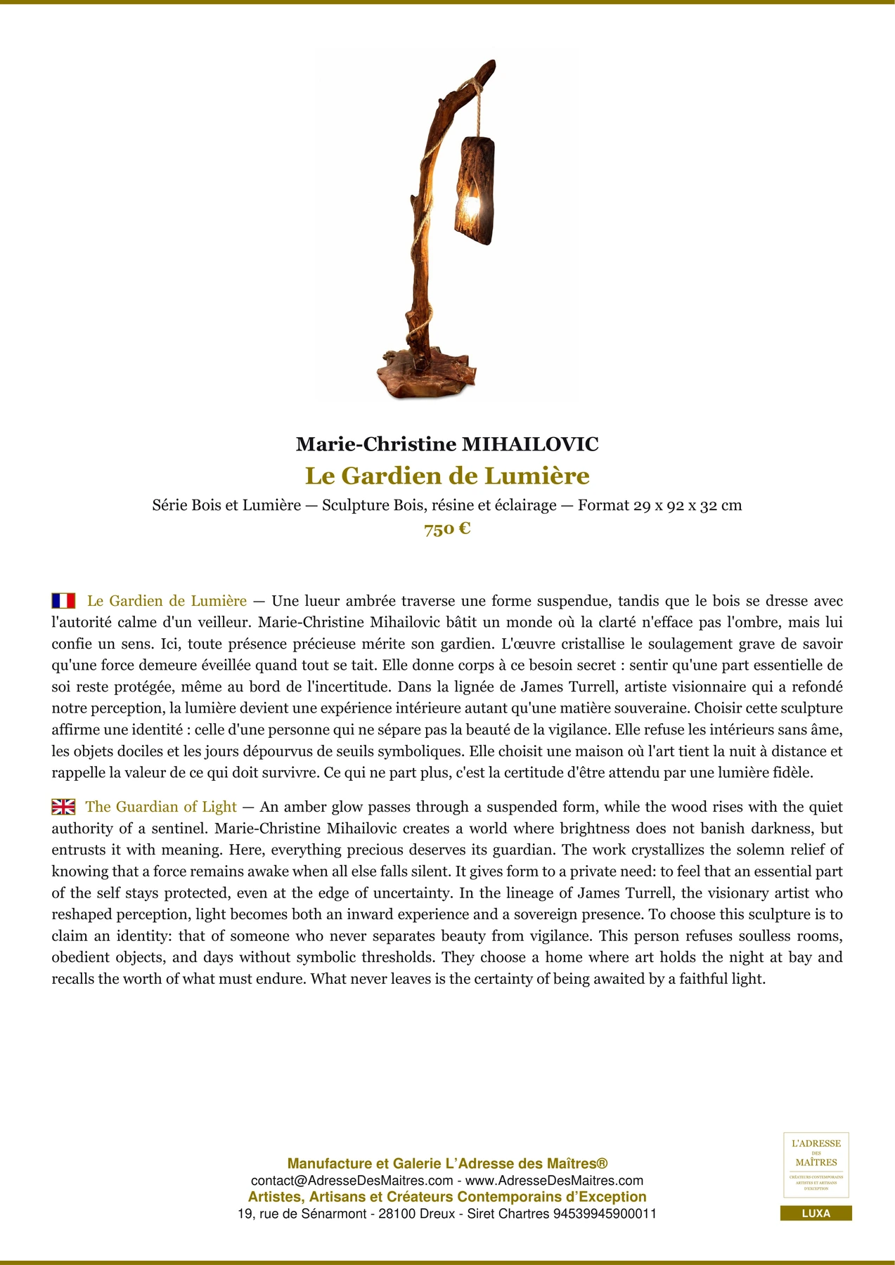 Fiche Premium - Le Gardien de Lumière - Marie-Christine MIHAILOVIC - L'Adresse des Maîtres®