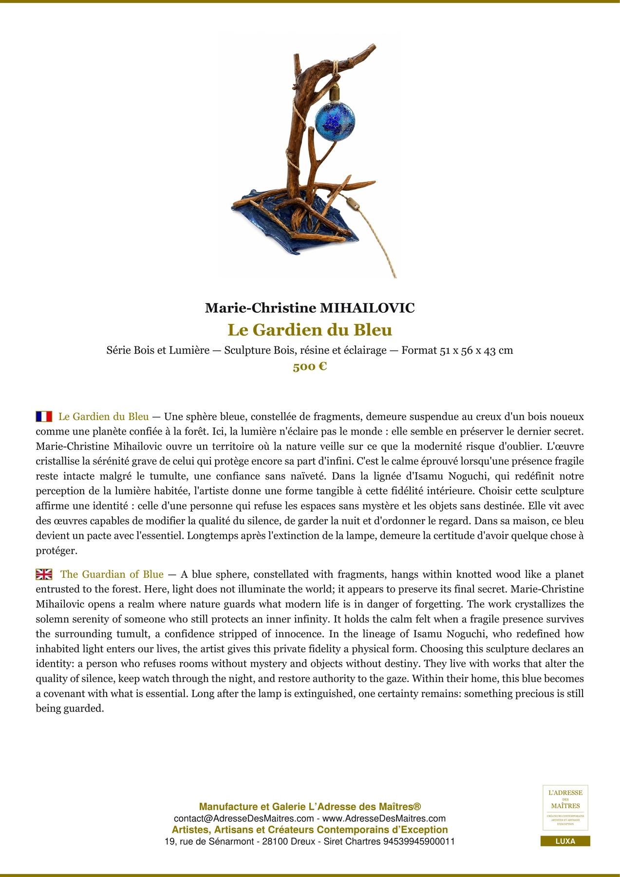 Fiche Premium - Le Gardien du Bleu - Marie-Christine MIHAILOVIC - L'Adresse des Maîtres®