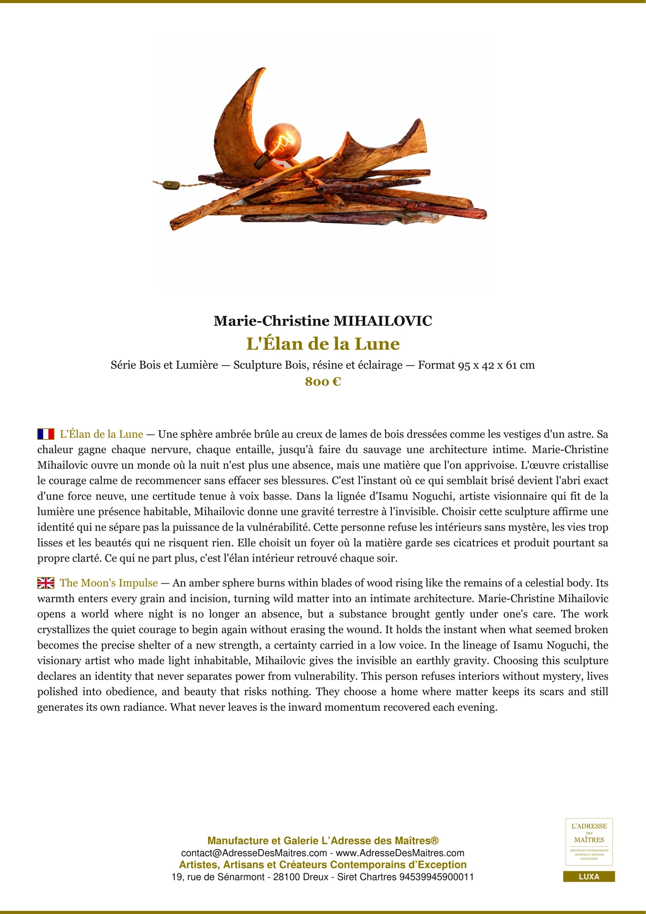 Fiche Premium - L'Élan de la Lune - Marie-Christine MIHAILOVIC - L'Adresse des Maîtres®
