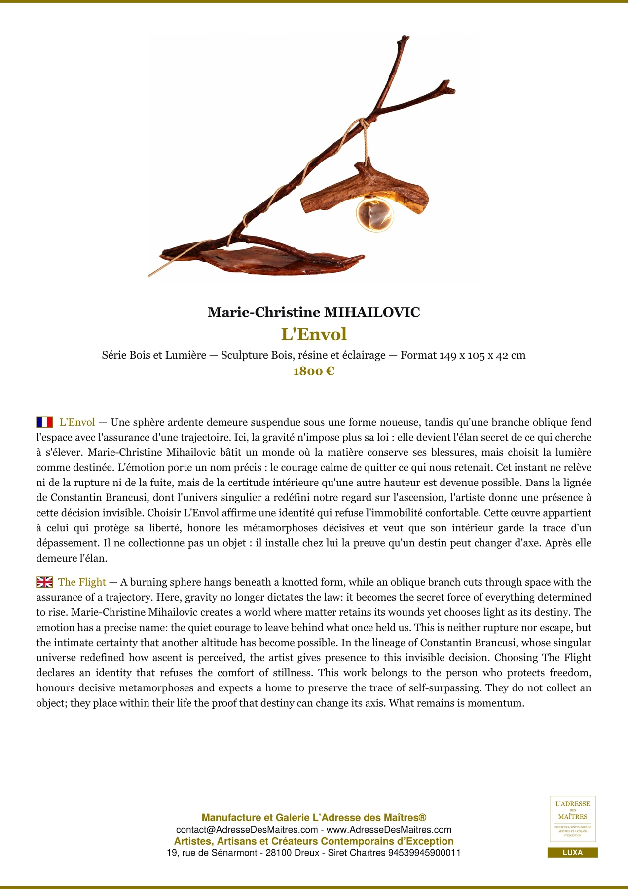 Fiche Premium - L'Envol - Marie-Christine MIHAILOVIC - L'Adresse des Maîtres®