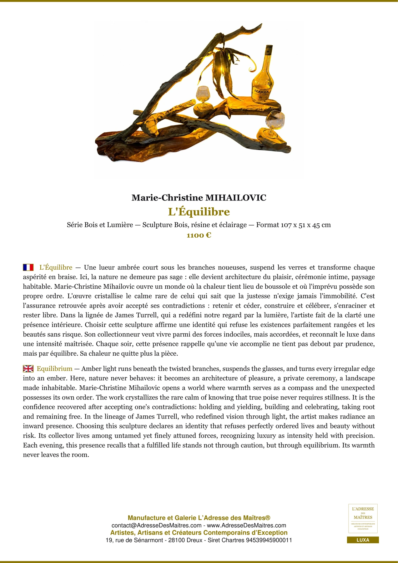 Fiche Premium - L'Équilibre - Marie-Christine MIHAILOVIC - L'Adresse des Maîtres®
