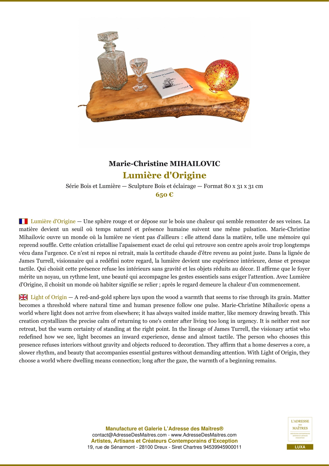 Fiche Premium - Lumière d'Origine - Marie-Christine MIHAILOVIC - L'Adresse des Maîtres®