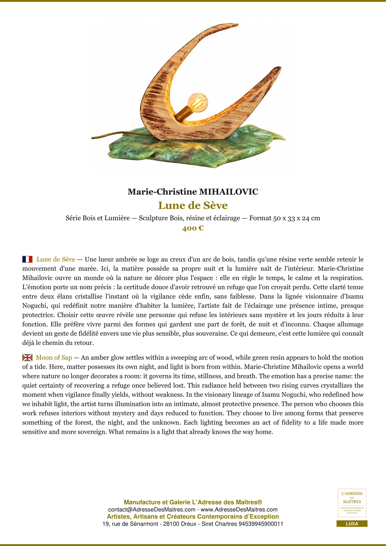 Fiche Premium - Lune de Sève - Marie-Christine MIHAILOVIC - L'Adresse des Maîtres®