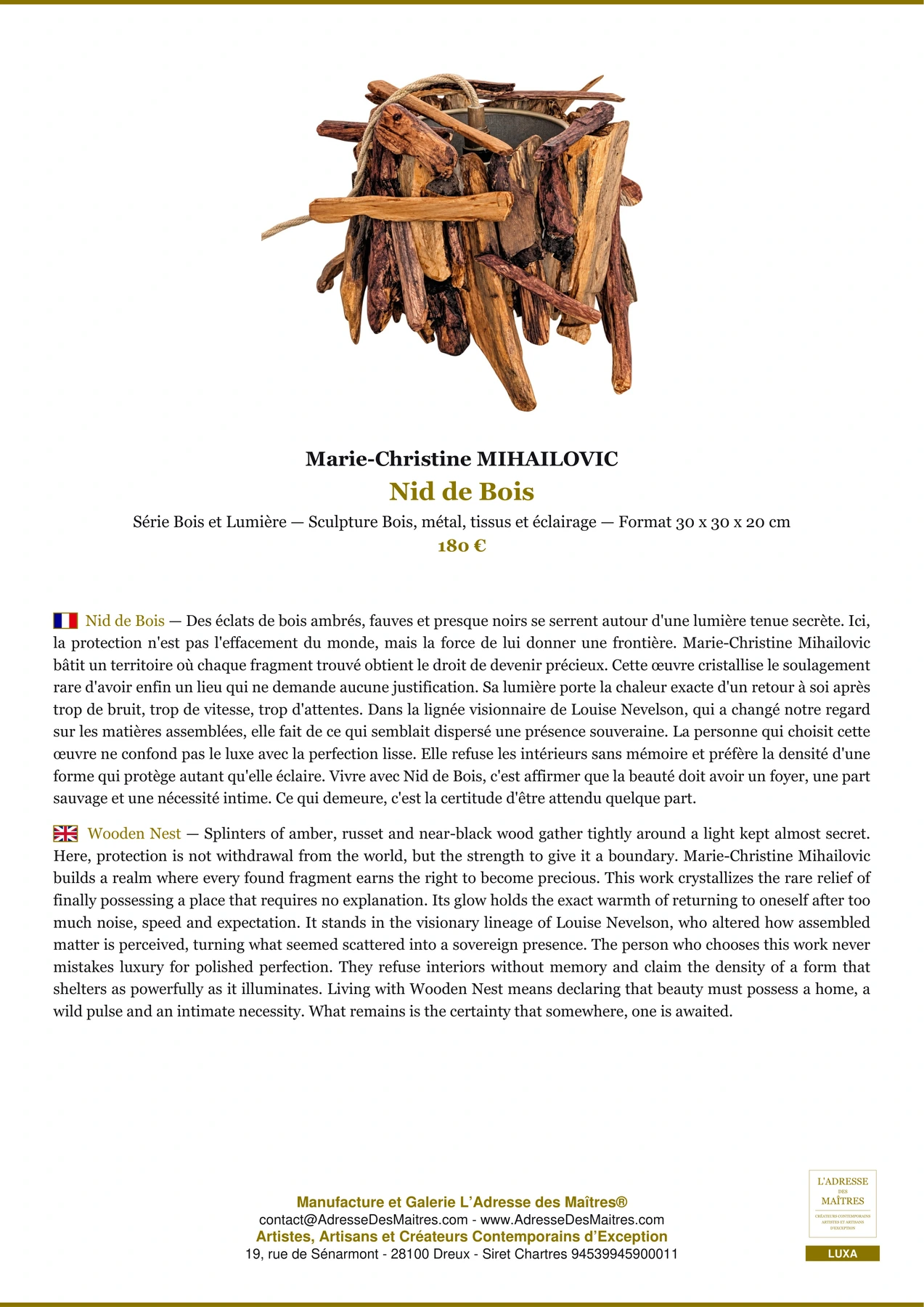 Fiche Premium - Nid de Bois - Marie-Christine MIHAILOVIC - L'Adresse des Maîtres®