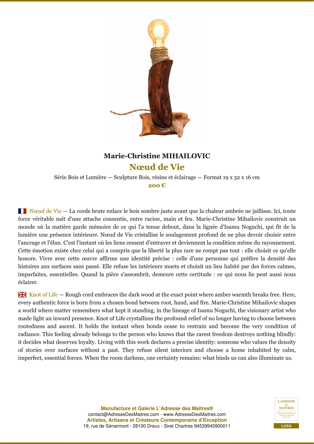 Fiche Premium - Nœud de Vie - Marie-Christine MIHAILOVIC - L'Adresse des Maîtres®