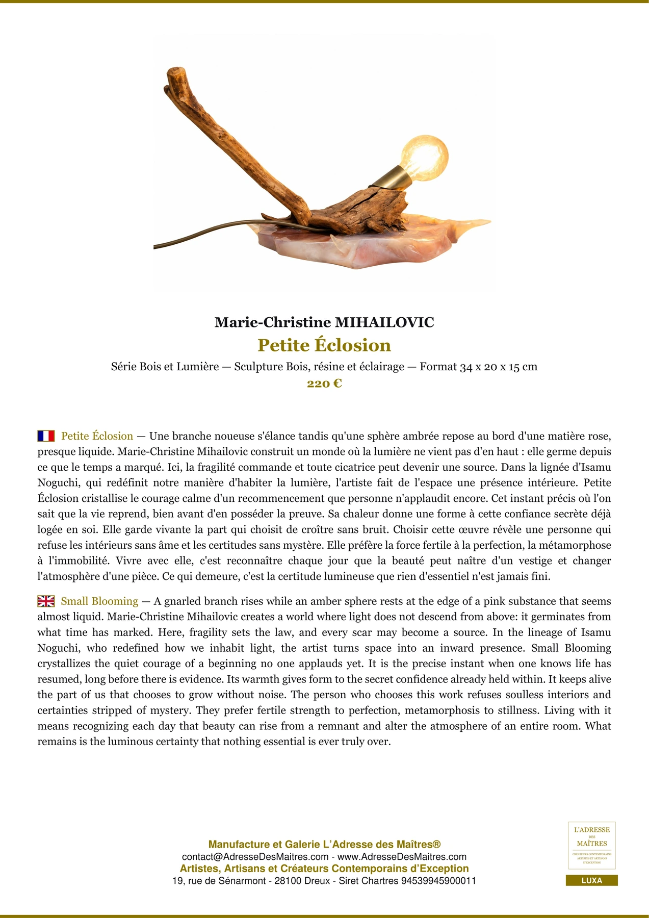 Fiche Premium - Petite Éclosion - Marie-Christine MIHAILOVIC - L'Adresse des Maîtres®