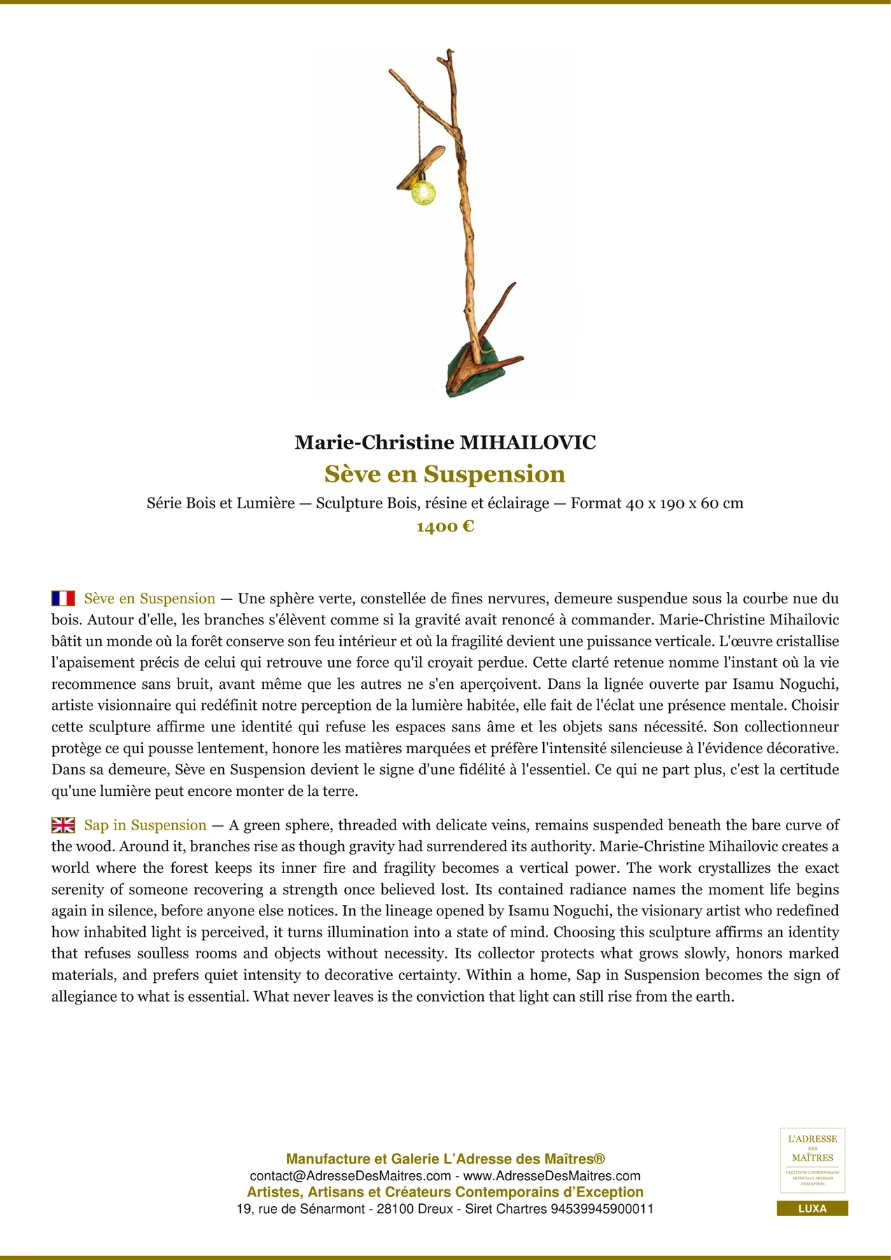 Fiche Premium - Sève en Suspension - Marie-Christine MIHAILOVIC - L'Adresse des Maîtres®