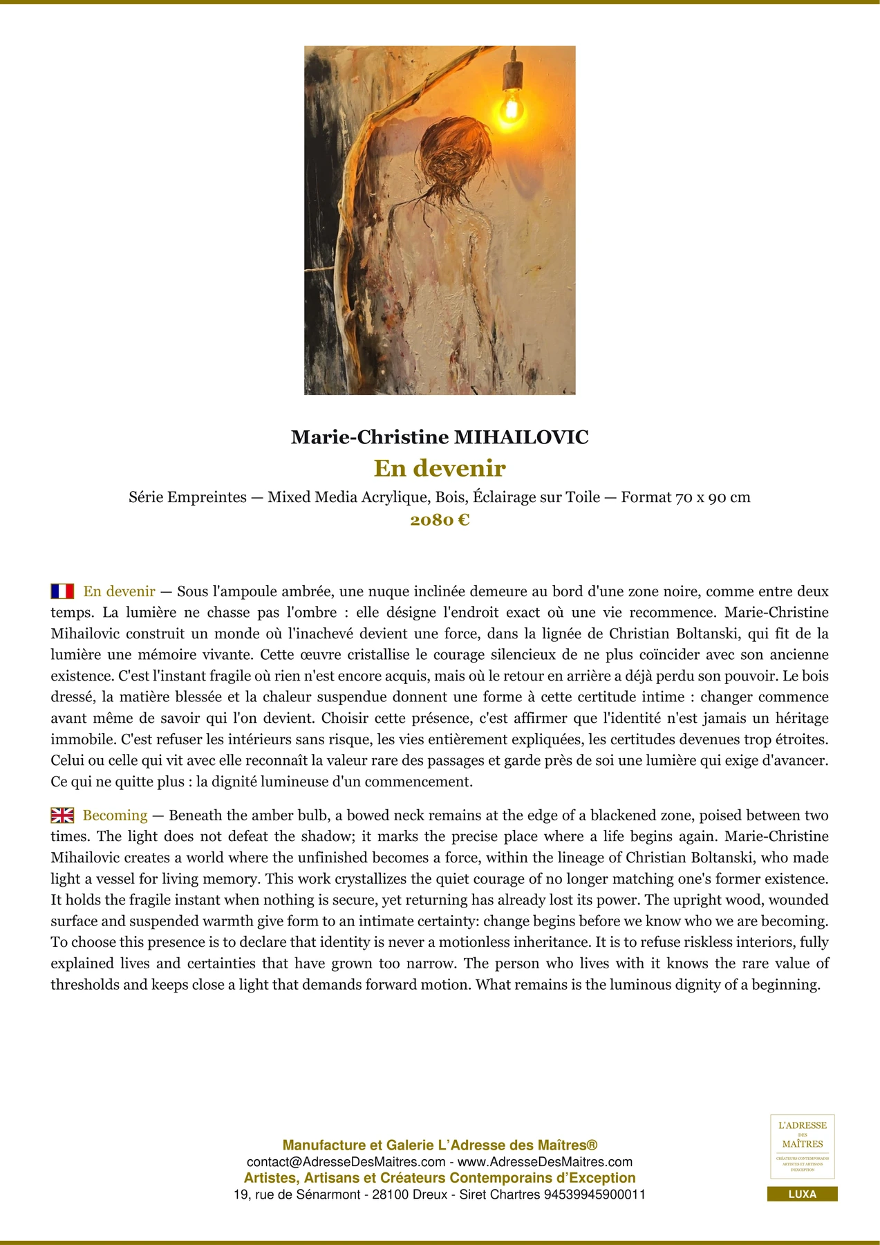 En devenir — Fiche Premium, Mixed Media Acrylique, Bois, Éclairage sur Toile 70 x 90 cm, Marie-Christine MIHAILOVIC