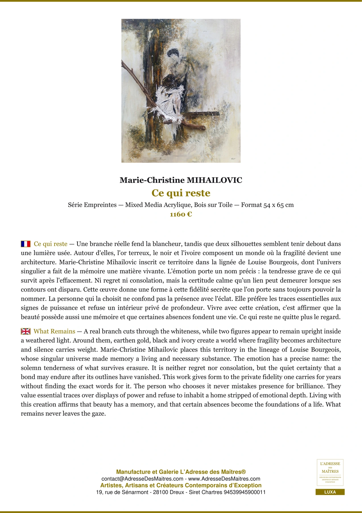 Ce qui reste — Fiche Premium, Mixed Media Acrylique, Bois sur Toile 54 x 65 cm, Marie-Christine MIHAILOVIC