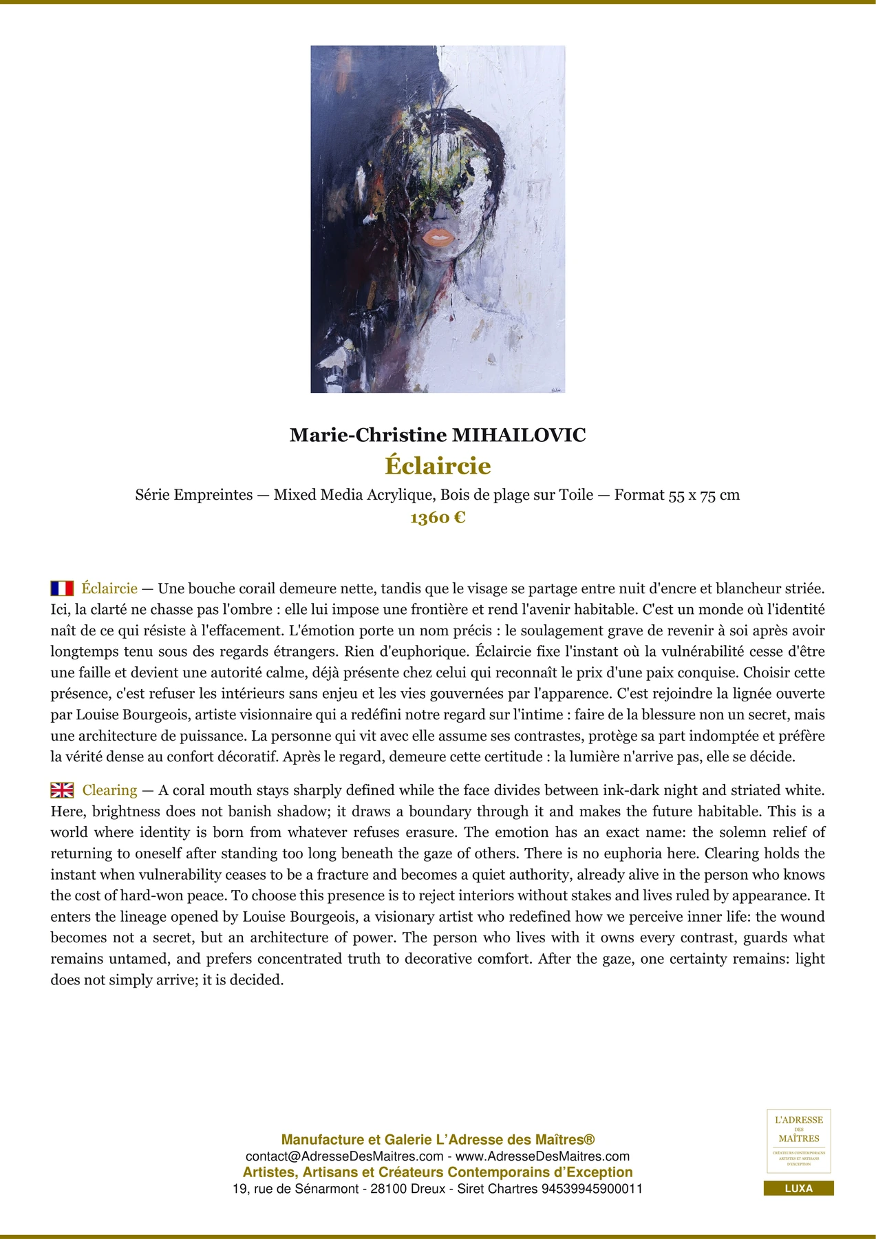 Fiche Premium - Éclaircie - Marie-Christine MIHAILOVIC - L'Adresse des Maîtres®