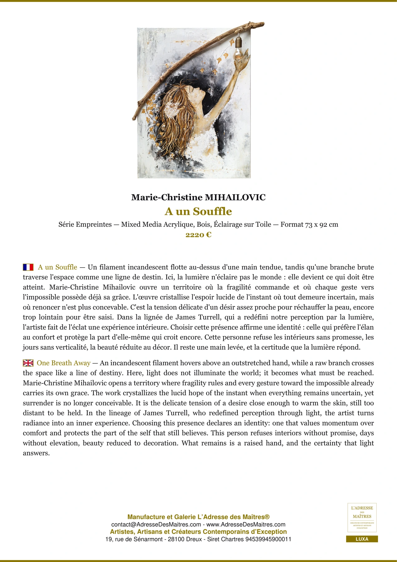 Fiche Premium - A un Souffle - Marie-Christine MIHAILOVIC - L'Adresse des Maîtres®